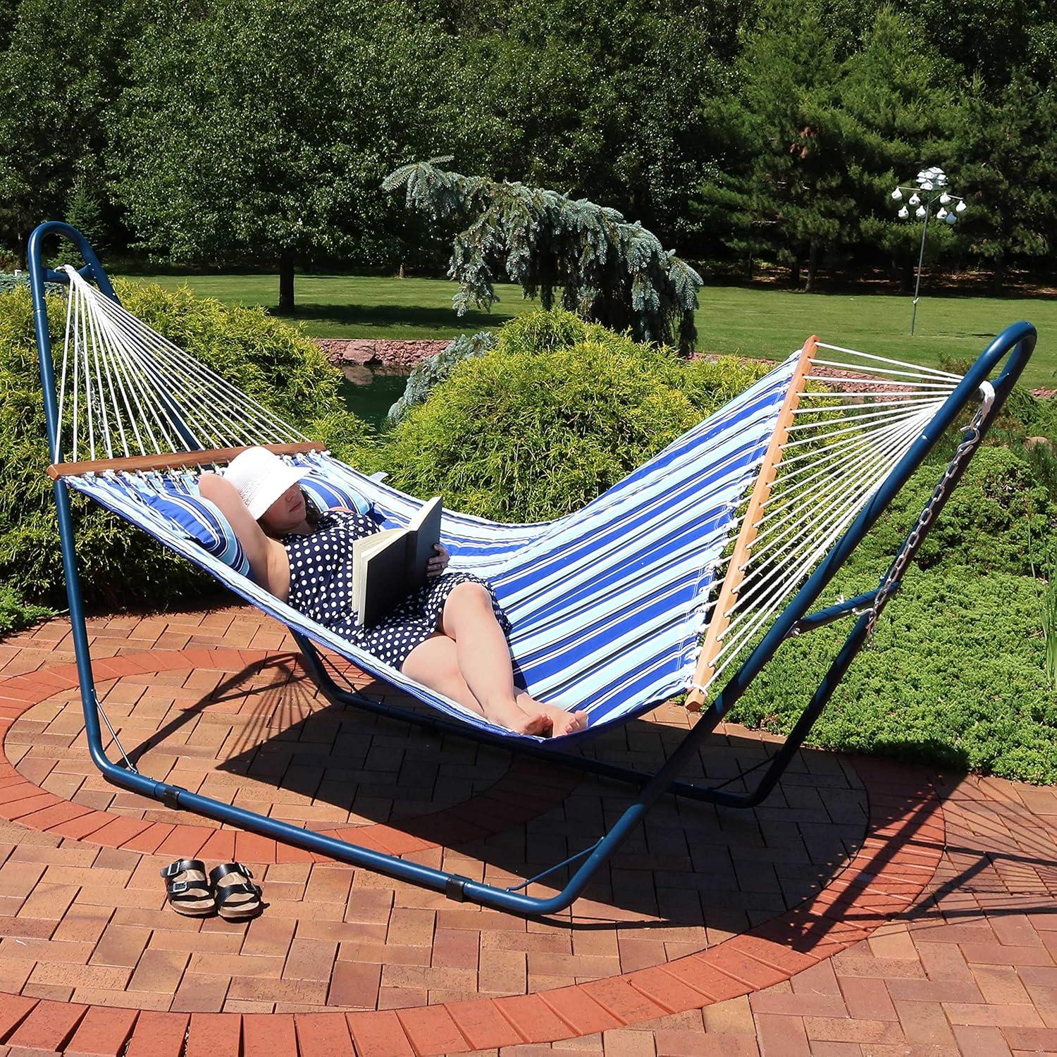 image:imageSunnydaze Double Quilted Fabric Hammock with Universal Steel Stand 450Pound Capacity Blue Stand Catalina Beach