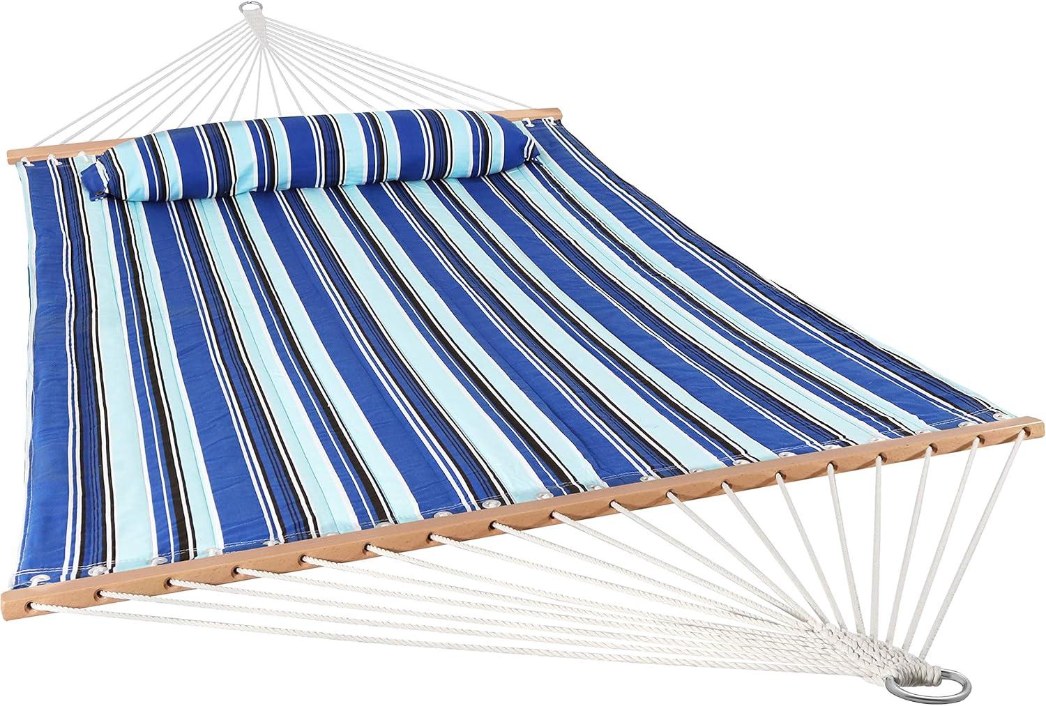 image:imageSunnydaze Double Quilted Fabric Hammock with Universal Steel Stand 450Pound Capacity Blue Stand Catalina Beach