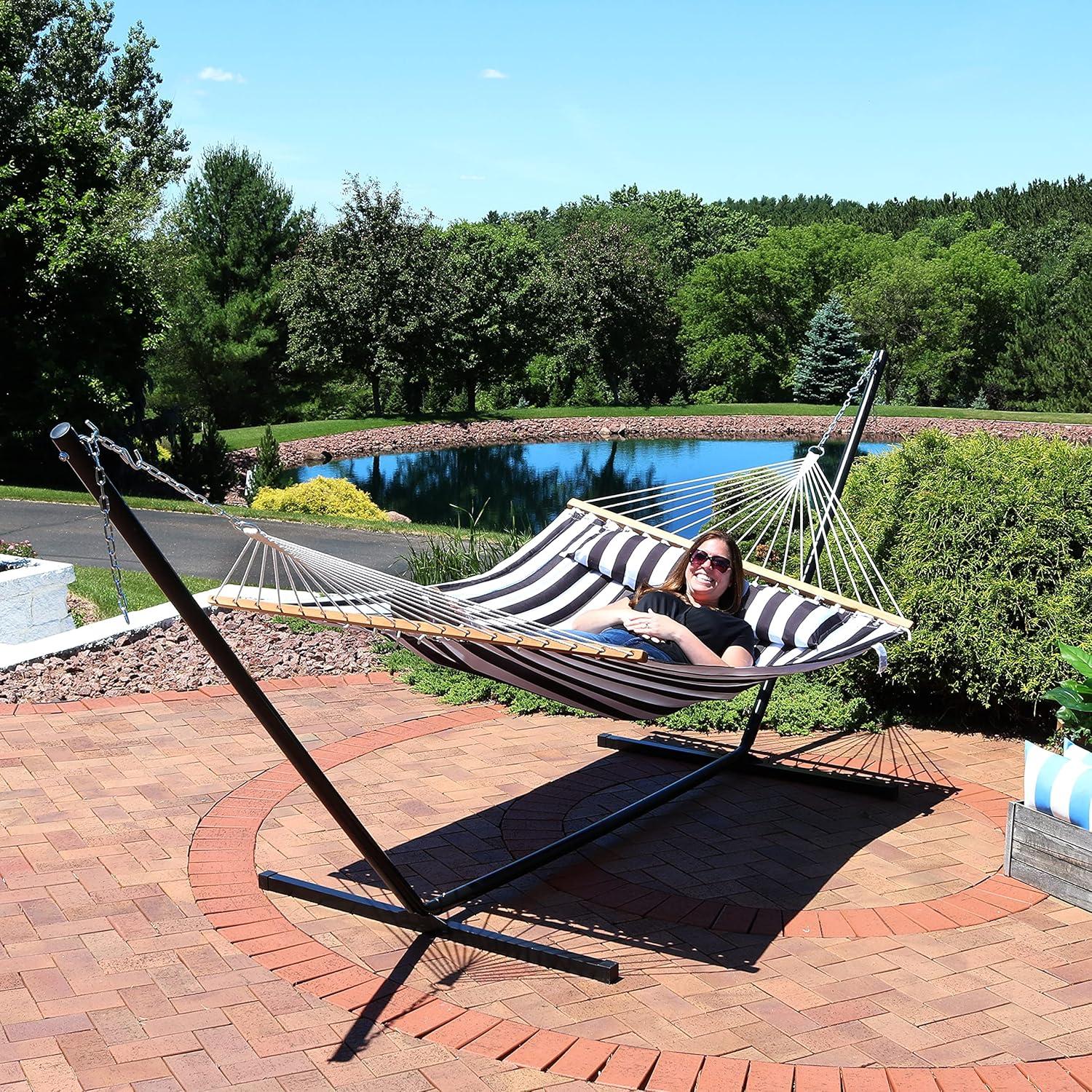 image:imageSunnydaze Quilted Double Hammock with Stand for Outside 350Pound Capacity 2Person Hammock with Stand 12Foot Stand Catalina BeachBlack White