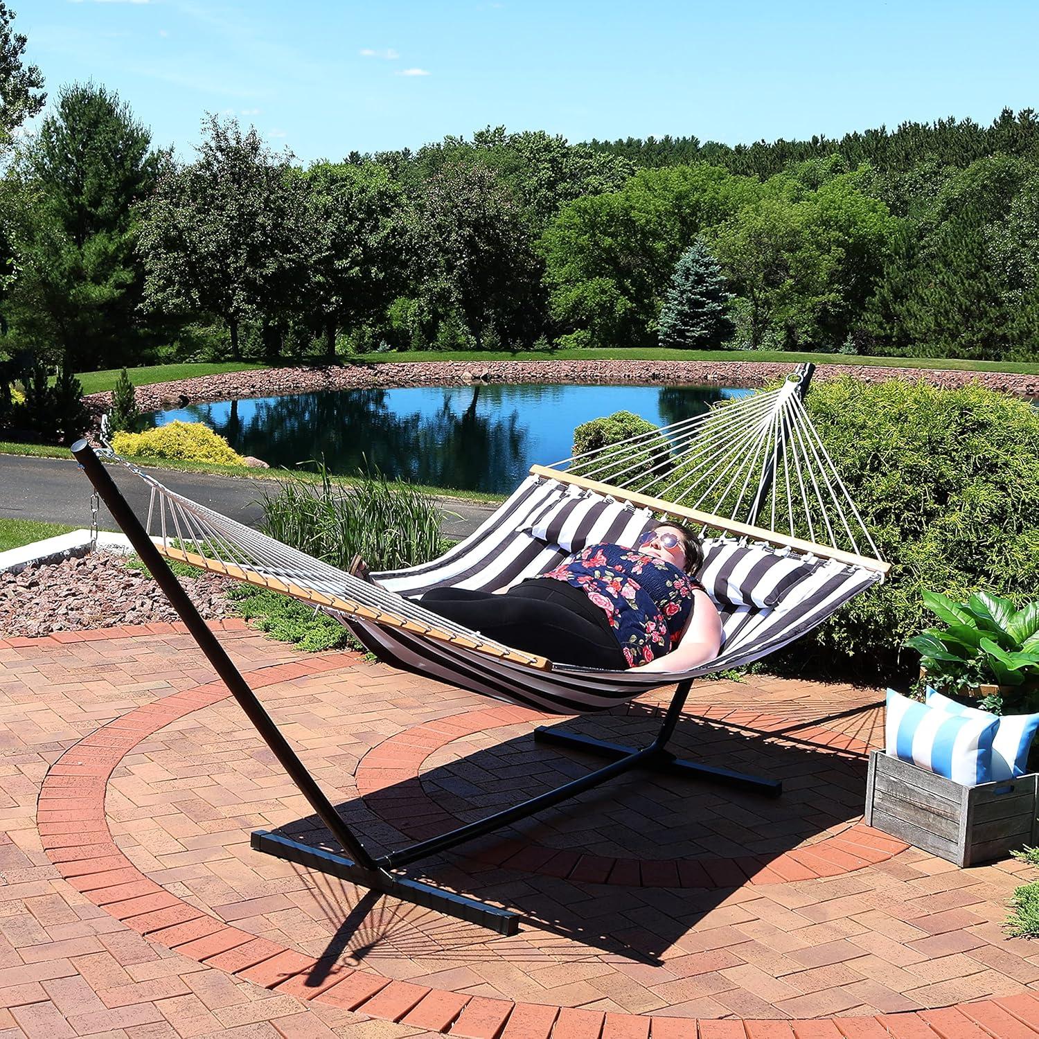 image:imageSunnydaze Quilted Double Hammock with Stand for Outside 350Pound Capacity 2Person Hammock with Stand 12Foot Stand Catalina BeachBlack White