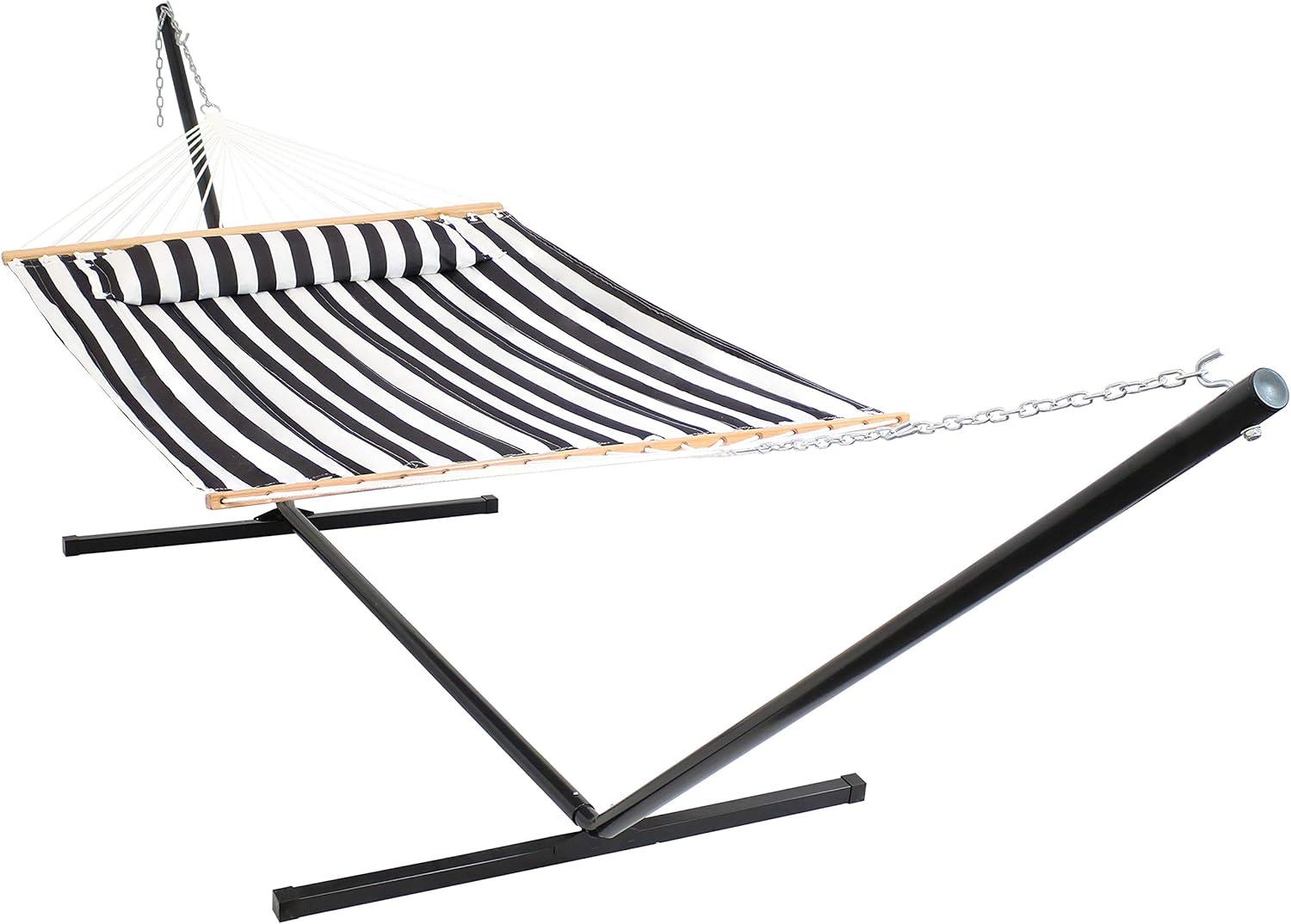 image:imageSunnydaze Quilted Double Hammock with Stand for Outside 350Pound Capacity 2Person Hammock with Stand 12Foot Stand Catalina BeachBlack White