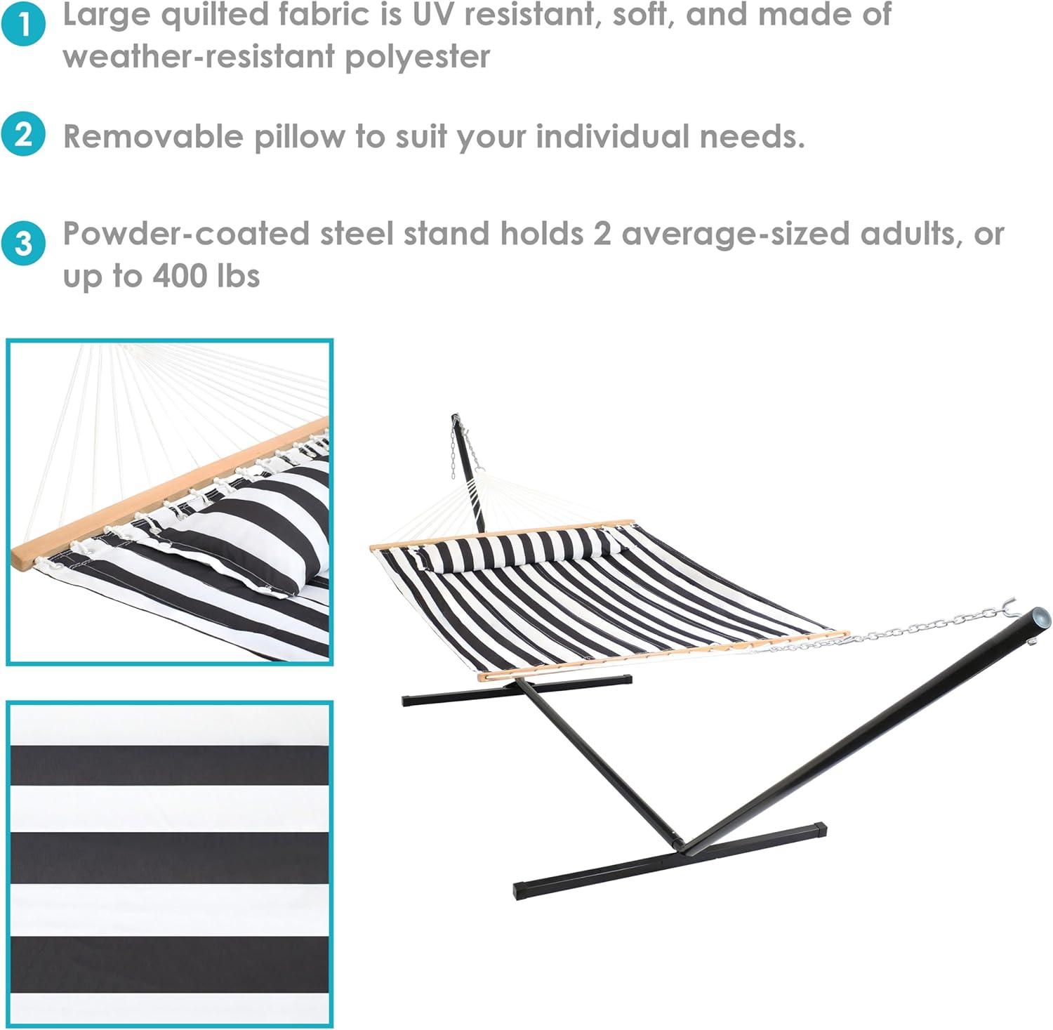 image:imageSunnydaze Quilted Double Hammock with Stand for Outside 350Pound Capacity 2Person Hammock with Stand 12Foot Stand Catalina BeachBlack White