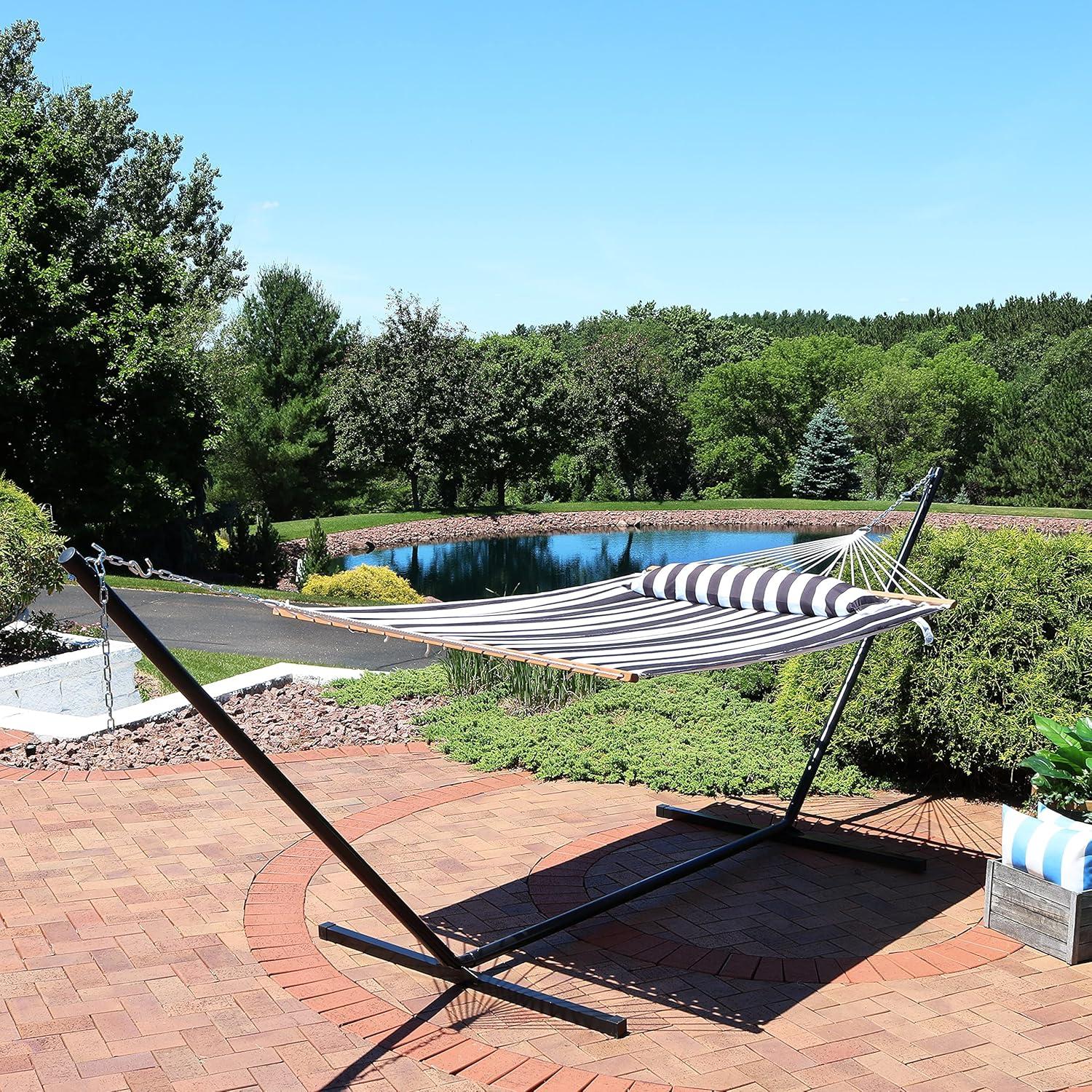 image:imageSunnydaze Quilted Double Hammock with Stand for Outside 350Pound Capacity 2Person Hammock with Stand 12Foot Stand Catalina BeachBlack White