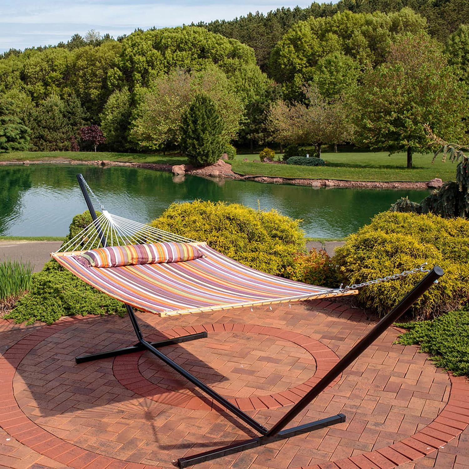 image:imageSunnydaze Quilted Double Hammock with Stand for Outside 350Pound Capacity 2Person Hammock with Stand 12Foot Stand Catalina BeachCanyon Sunset