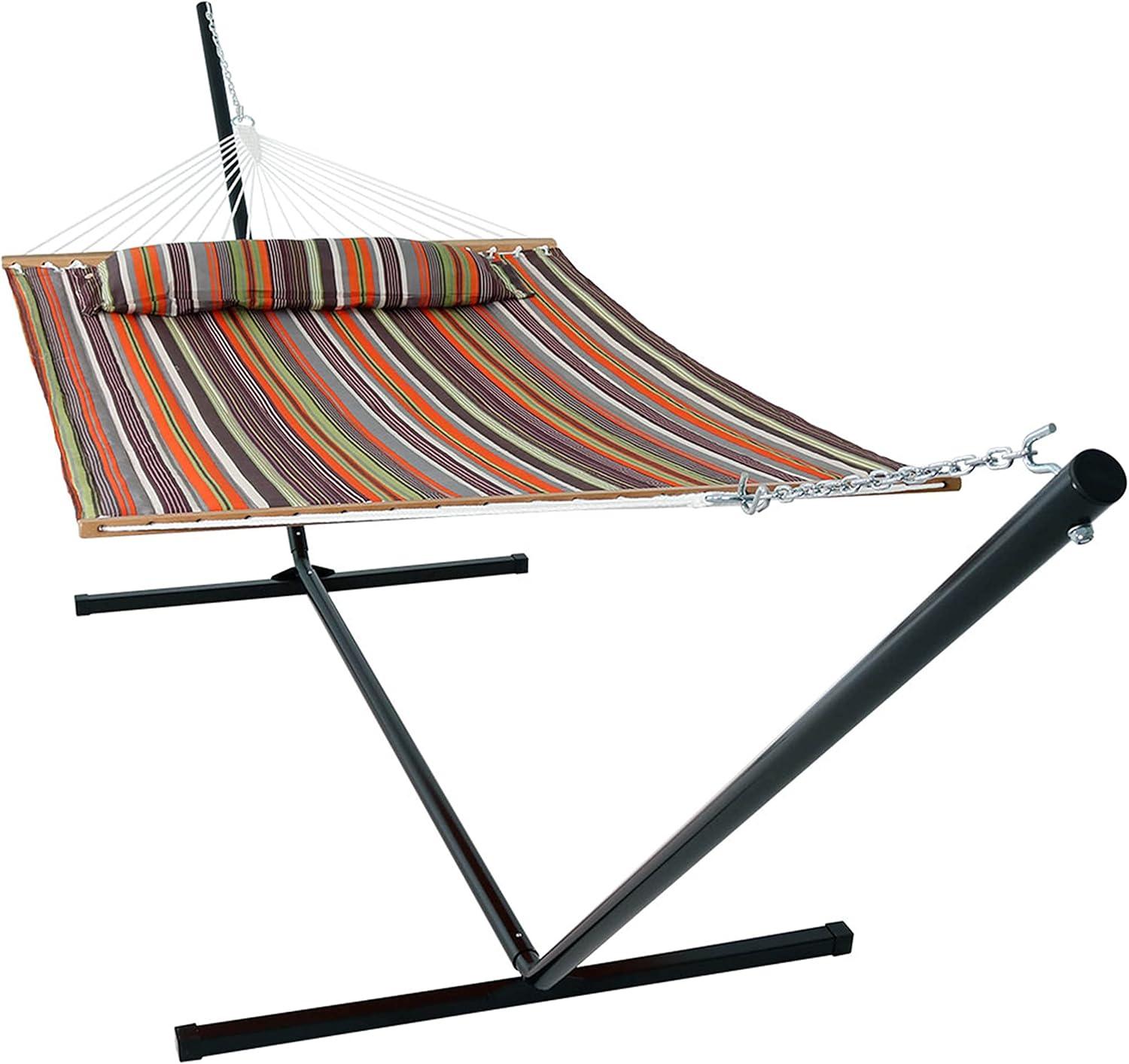 image:imageSunnydaze Quilted Double Hammock with Stand for Outside 350Pound Capacity 2Person Hammock with Stand 12Foot Stand Catalina BeachCanyon Sunset