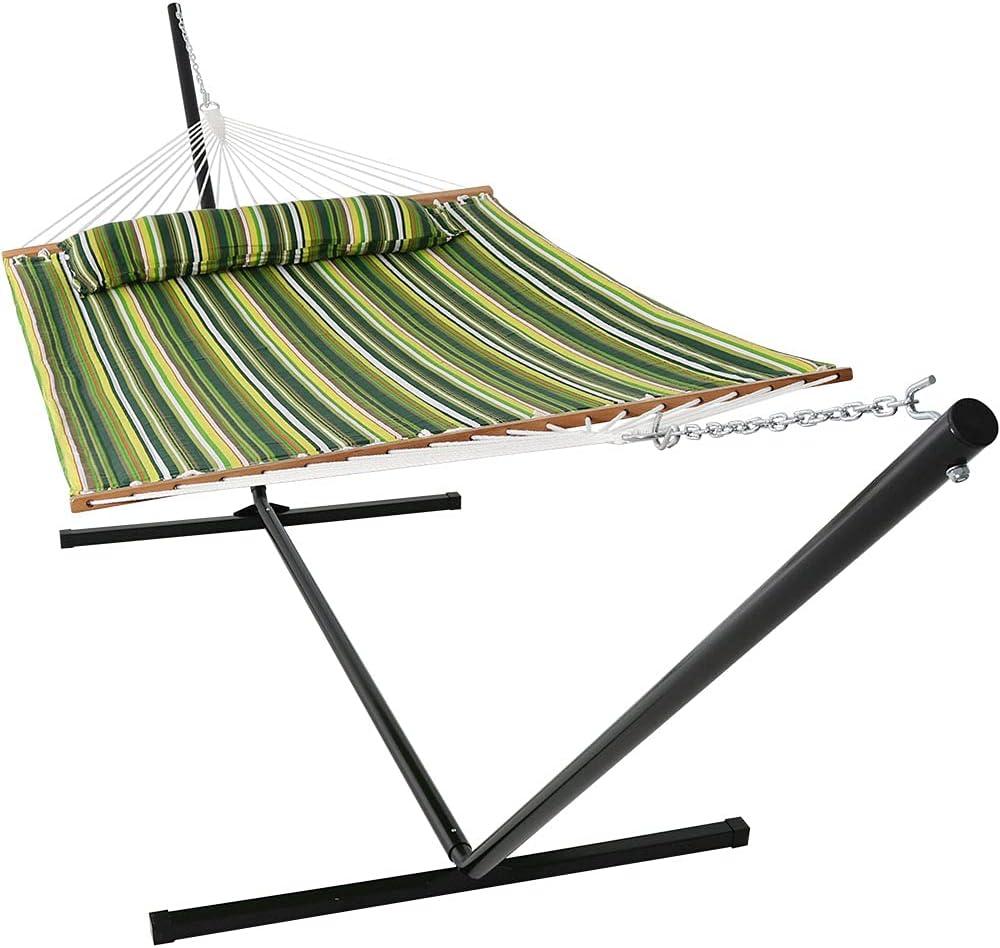 image:imageSunnydaze Quilted Double Hammock with Stand for Outside 350Pound Capacity 2Person Hammock with Stand 12Foot Stand Catalina BeachMelon Stripe