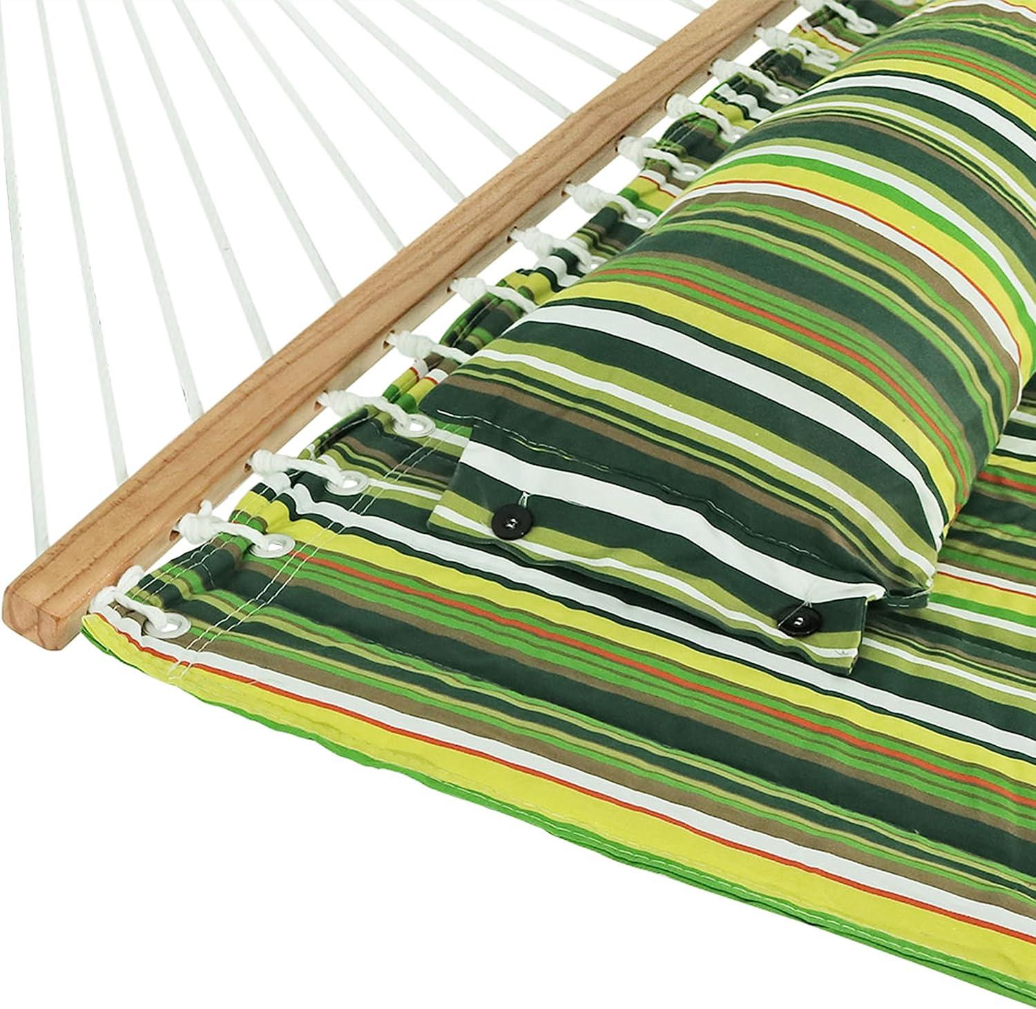 image:imageSunnydaze Quilted Double Hammock with Stand for Outside 350Pound Capacity 2Person Hammock with Stand 12Foot Stand Catalina BeachMelon Stripe