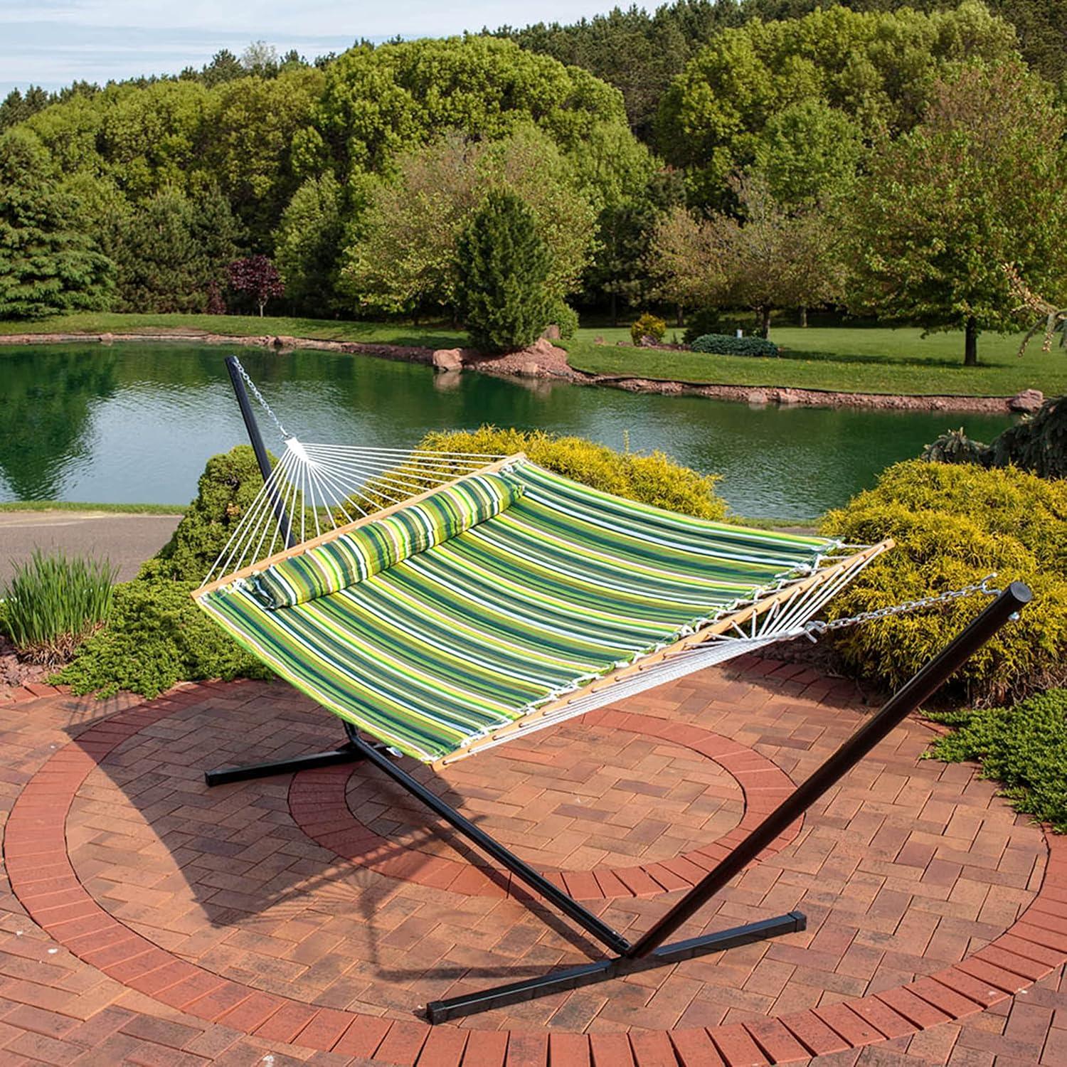 image:imageSunnydaze Quilted Double Hammock with Stand for Outside 350Pound Capacity 2Person Hammock with Stand 12Foot Stand Catalina BeachMelon Stripe