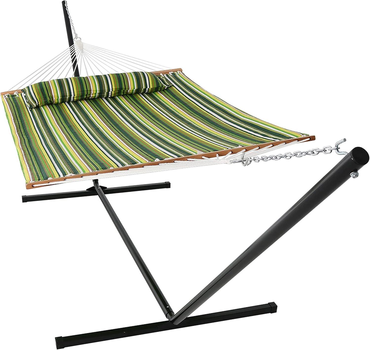 image:imageSunnydaze Quilted Double Hammock with Stand for Outside 350Pound Capacity 2Person Hammock with Stand 12Foot Stand Catalina BeachMelon Stripe