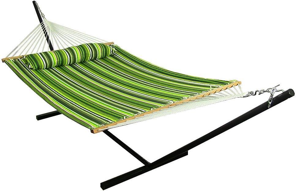 image:imageSunnydaze Quilted Double Hammock with Stand for Outside 350Pound Capacity 2Person Hammock with Stand 12Foot Stand Catalina BeachMelon Stripe