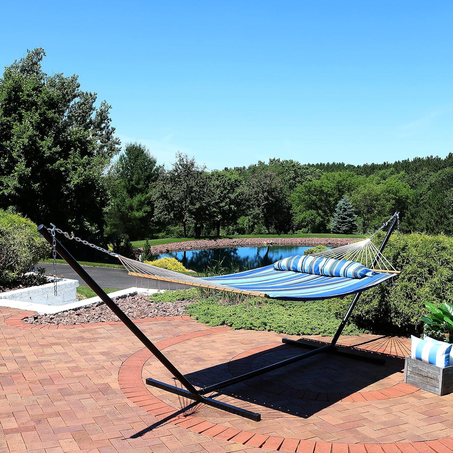image:imageSunnydaze Quilted Double Hammock with Stand for Outside 350Pound Capacity 2Person Hammock with Stand 12Foot Stand Catalina BeachMisty Beach