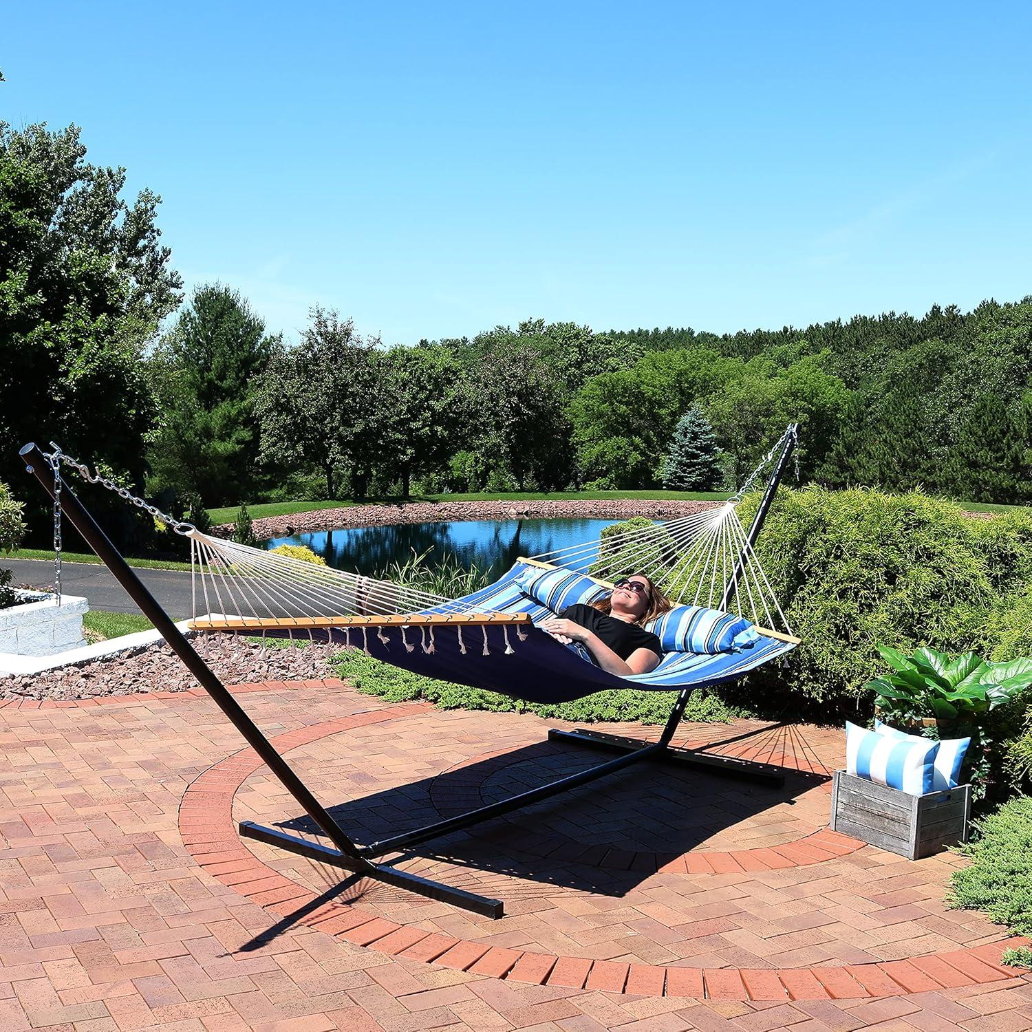 image:imageSunnydaze Quilted Double Hammock with Stand for Outside 350Pound Capacity 2Person Hammock with Stand 12Foot Stand Catalina BeachMisty Beach