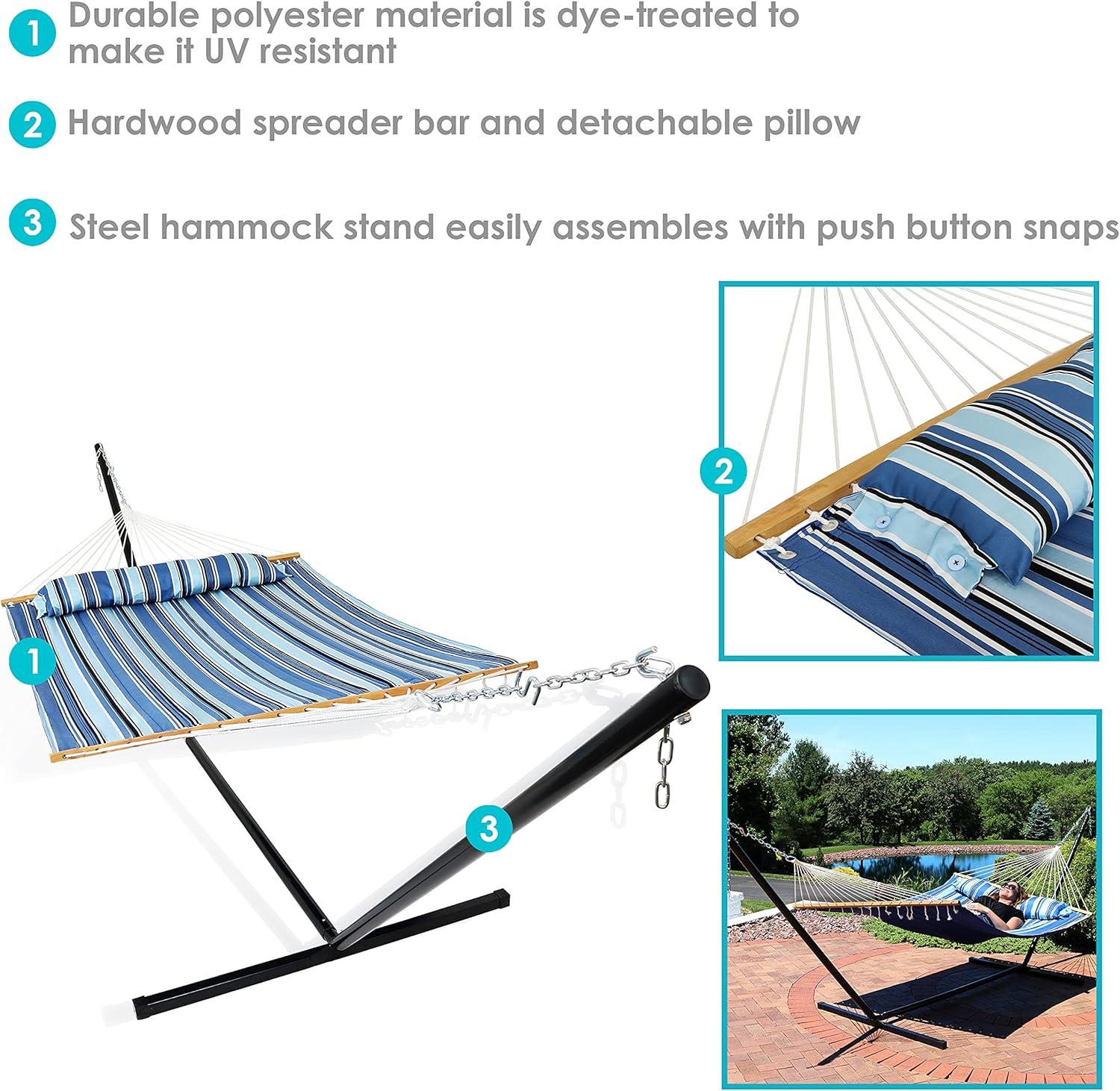 image:imageSunnydaze Quilted Double Hammock with Stand for Outside 350Pound Capacity 2Person Hammock with Stand 12Foot Stand Catalina BeachMisty Beach