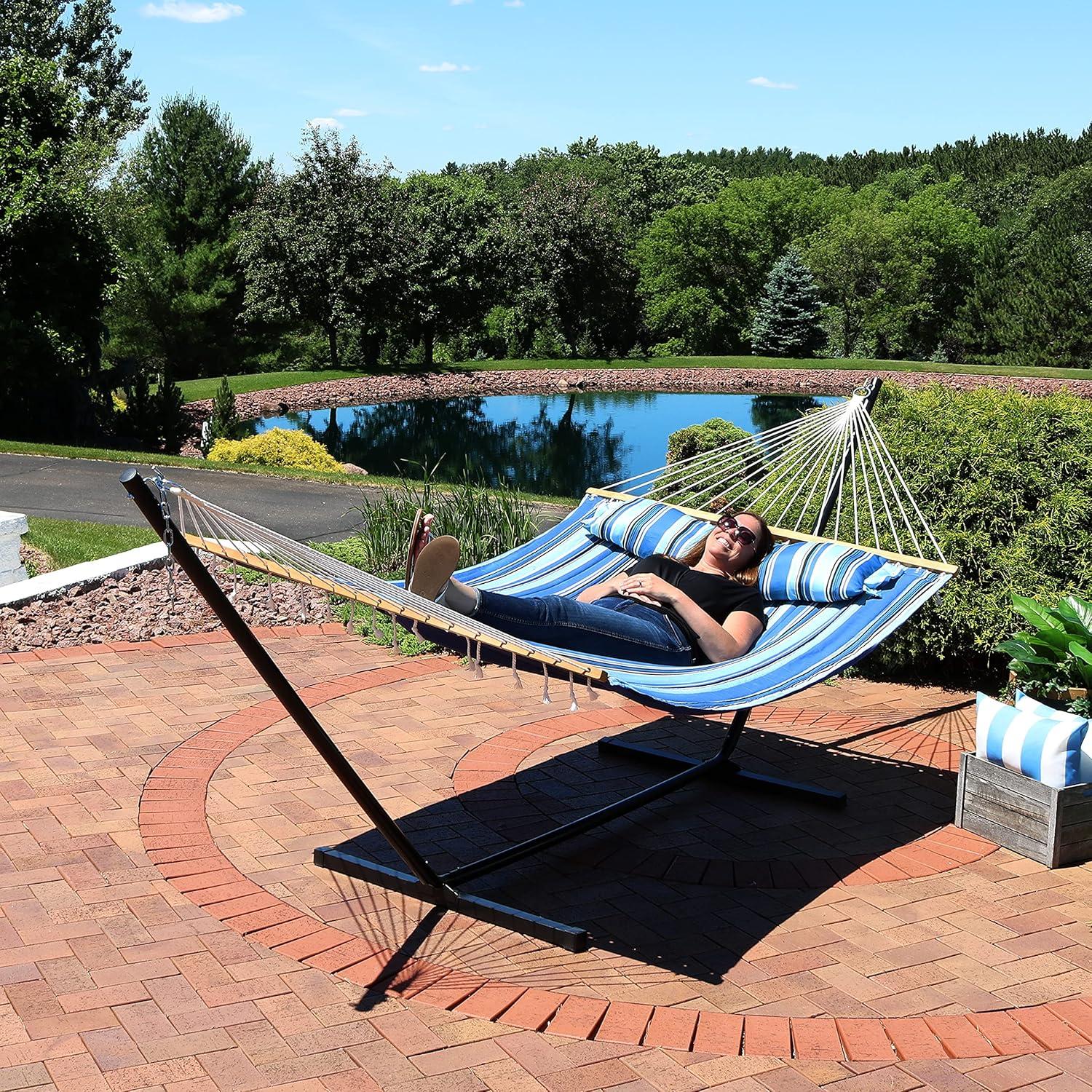 image:imageSunnydaze Quilted Double Hammock with Stand for Outside 350Pound Capacity 2Person Hammock with Stand 12Foot Stand Catalina BeachMisty Beach