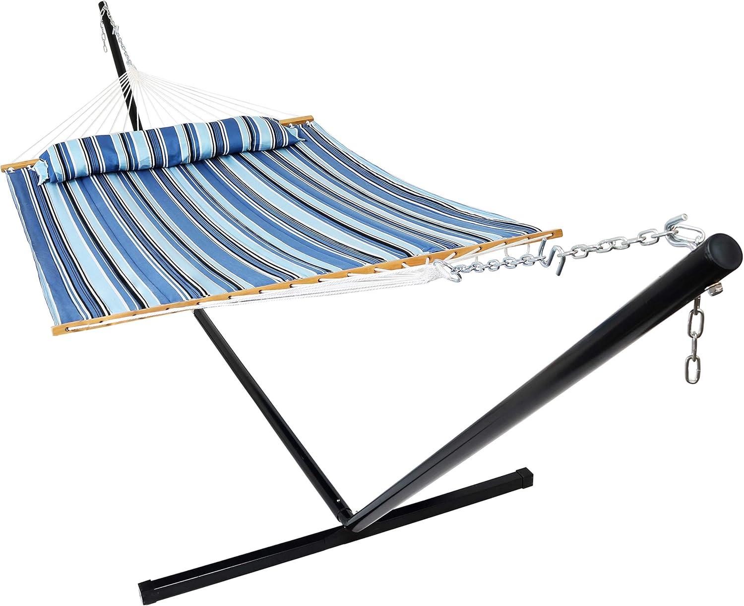 image:imageSunnydaze Quilted Double Hammock with Stand for Outside 350Pound Capacity 2Person Hammock with Stand 12Foot Stand Catalina BeachMisty Beach