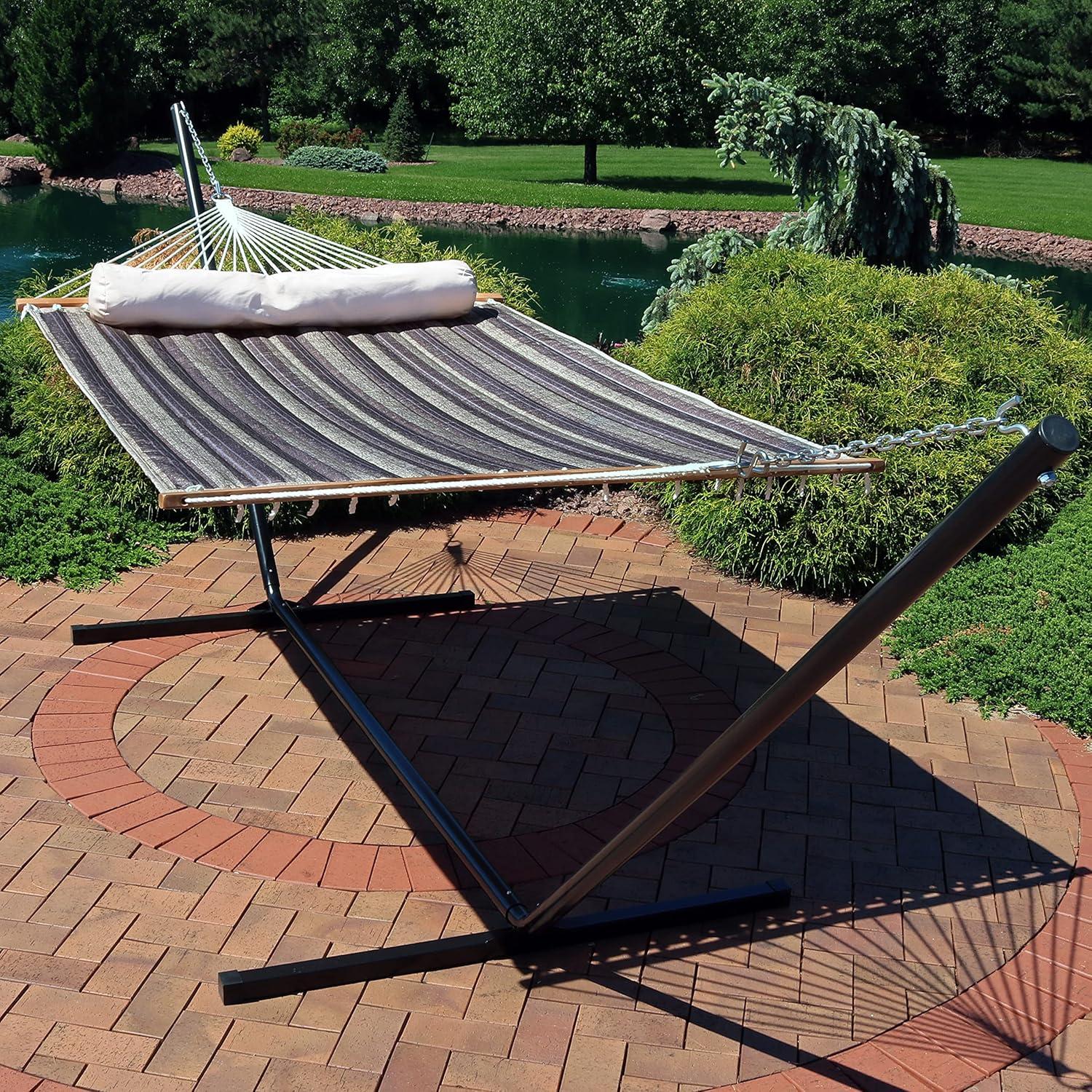 image:imageSunnydaze Quilted Double Hammock with Stand for Outside 350Pound Capacity 2Person Hammock with Stand 12Foot Stand Catalina BeachMountainside
