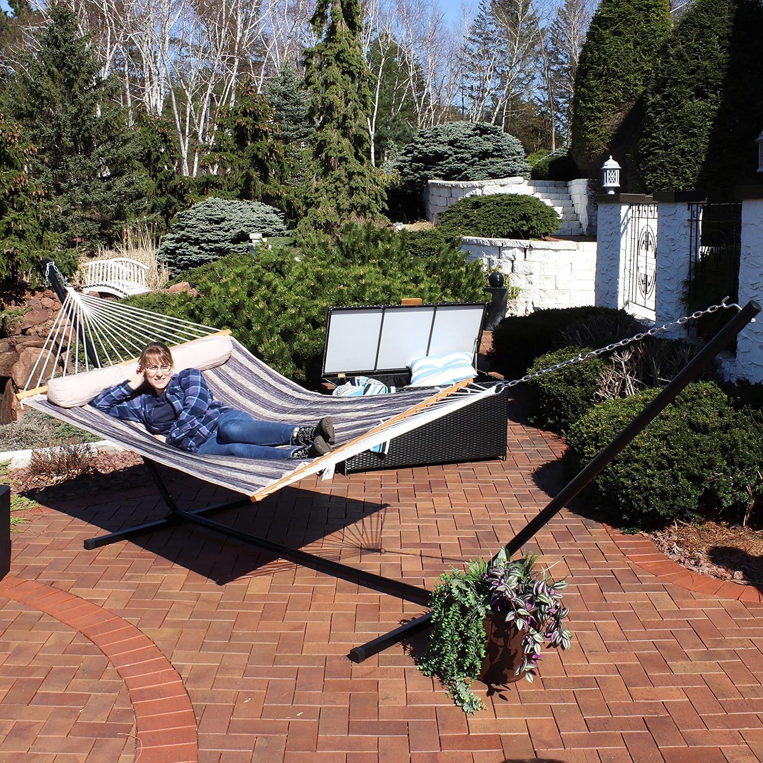 image:imageSunnydaze Quilted Double Hammock with Stand for Outside 350Pound Capacity 2Person Hammock with Stand 12Foot Stand Catalina BeachMountainside