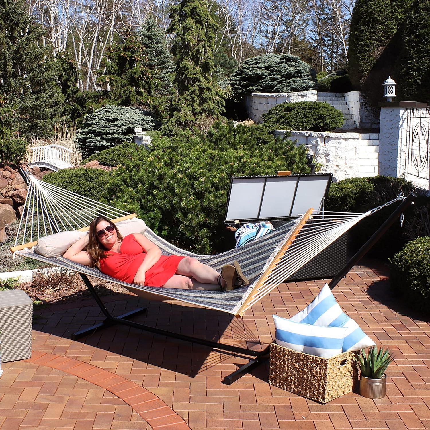 image:imageSunnydaze Quilted Double Hammock with Stand for Outside 350Pound Capacity 2Person Hammock with Stand 12Foot Stand Catalina BeachMountainside
