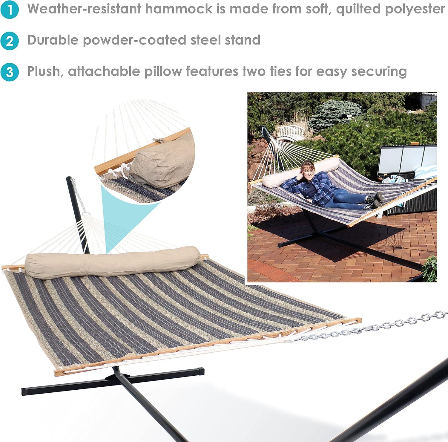 image:imageSunnydaze Quilted Double Hammock with Stand for Outside 350Pound Capacity 2Person Hammock with Stand 12Foot Stand Catalina BeachMountainside