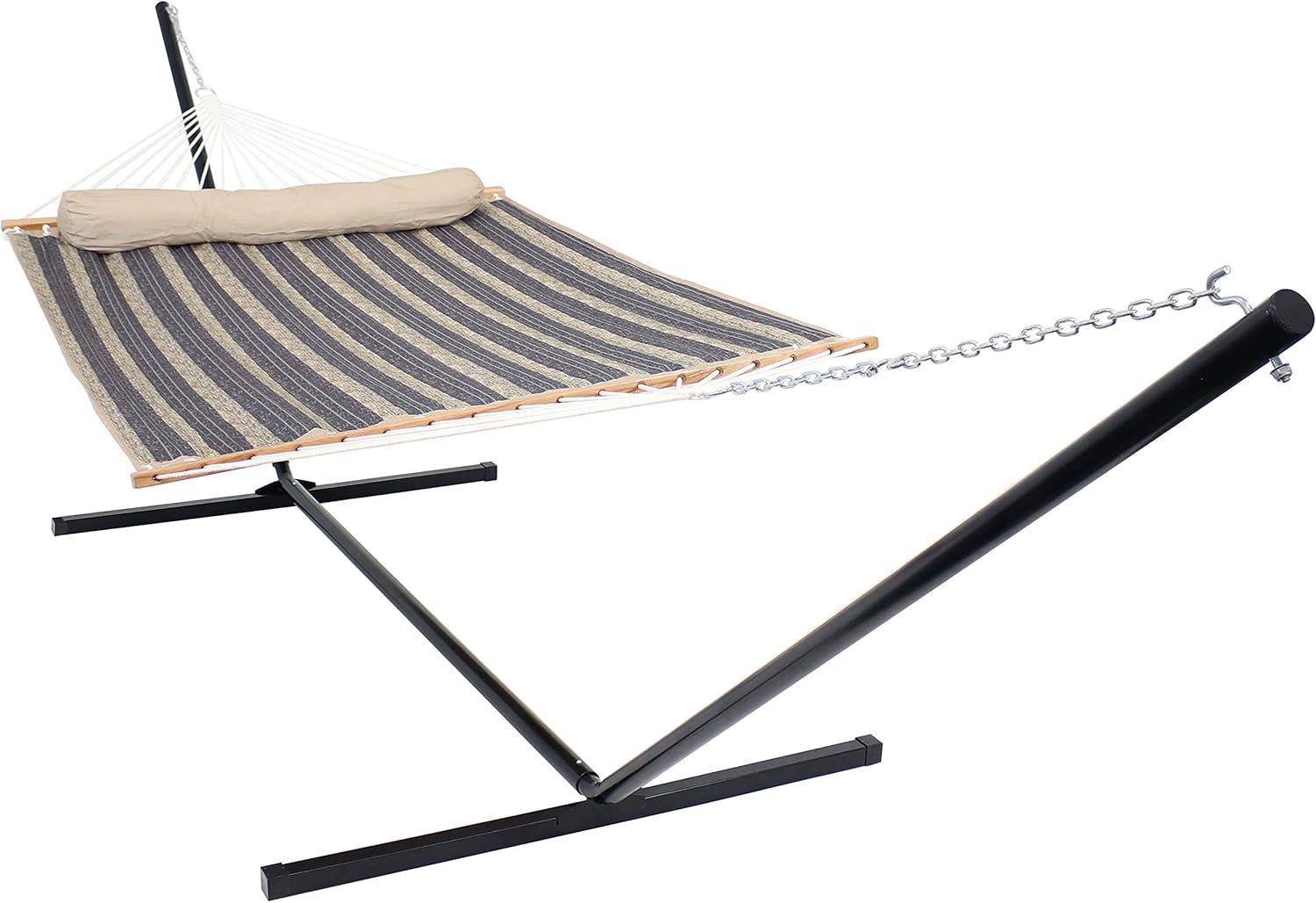 image:imageSunnydaze Quilted Double Hammock with Stand for Outside 350Pound Capacity 2Person Hammock with Stand 12Foot Stand Catalina BeachMountainside