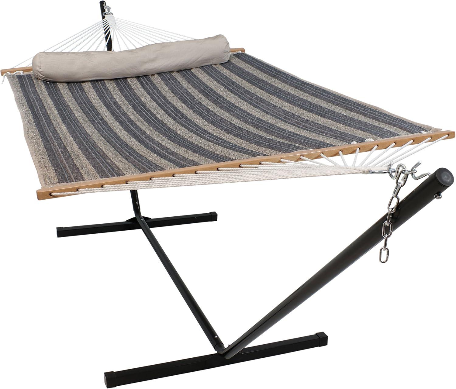 image:imageSunnydaze Quilted Double Hammock with Stand for Outside 350Pound Capacity 2Person Hammock with Stand 12Foot Stand Catalina BeachMountainside