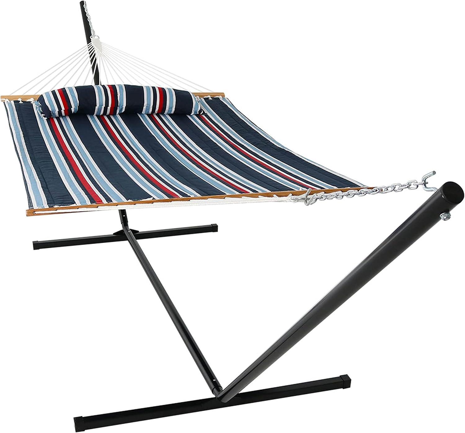 image:imageSunnydaze Quilted Double Hammock with Stand for Outside 350Pound Capacity 2Person Hammock with Stand 12Foot Stand Catalina BeachNautical Stripe