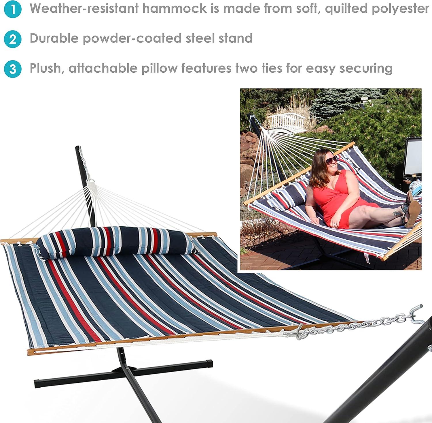image:imageSunnydaze Quilted Double Hammock with Stand for Outside 350Pound Capacity 2Person Hammock with Stand 12Foot Stand Catalina BeachNautical Stripe