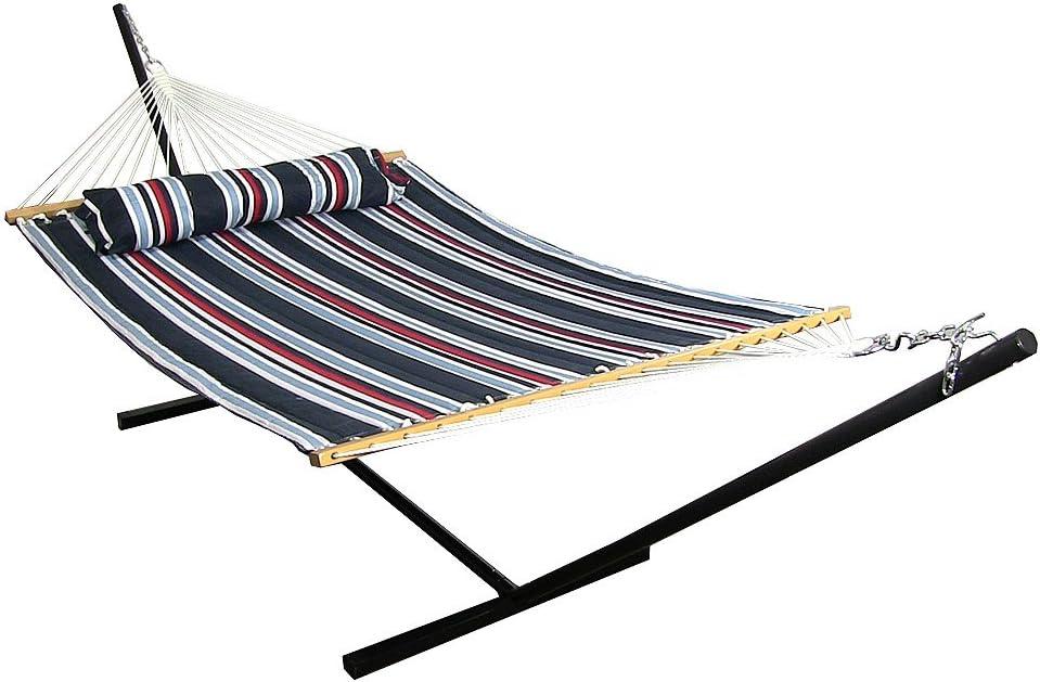 image:imageSunnydaze Quilted Double Hammock with Stand for Outside 350Pound Capacity 2Person Hammock with Stand 12Foot Stand Catalina BeachNautical Stripe