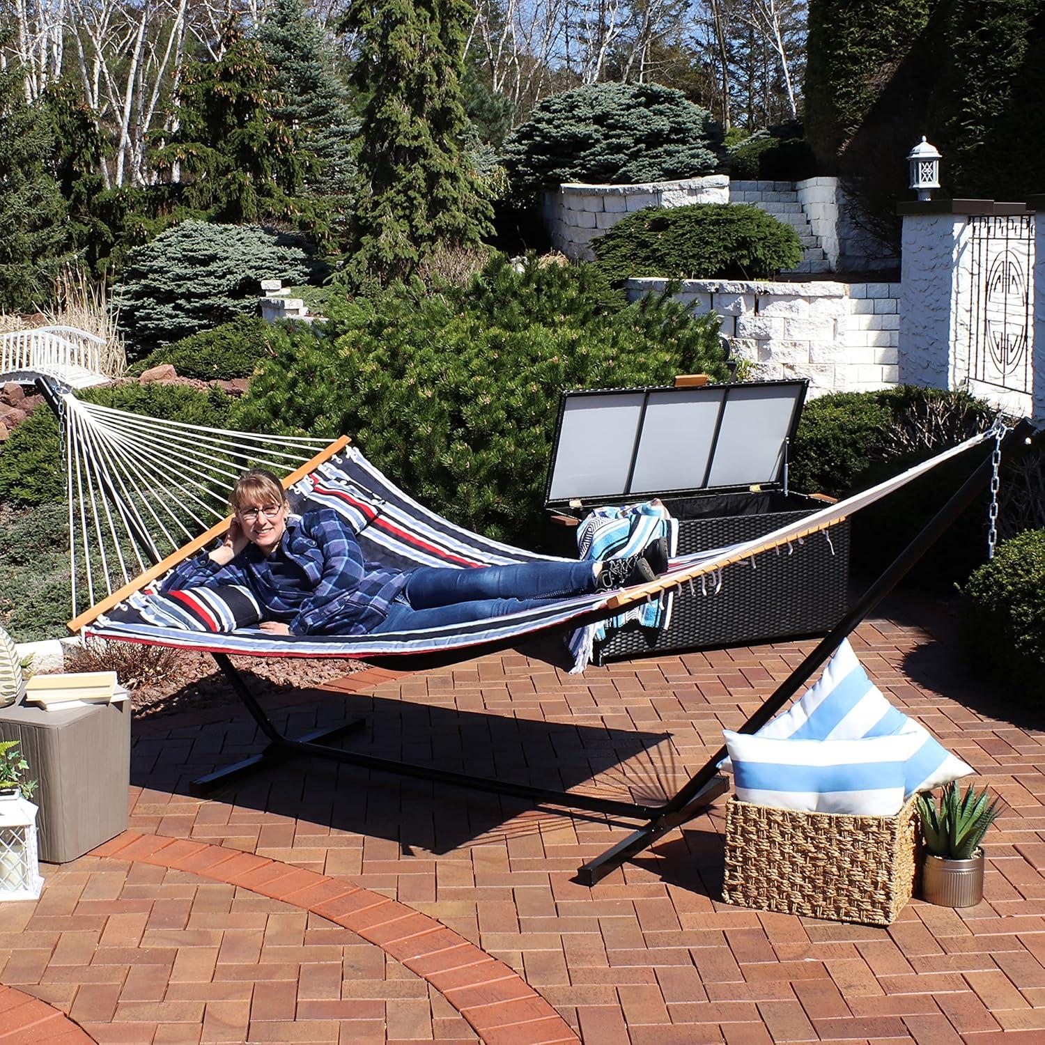 image:imageSunnydaze Quilted Double Hammock with Stand for Outside 350Pound Capacity 2Person Hammock with Stand 12Foot Stand Catalina BeachNautical Stripe