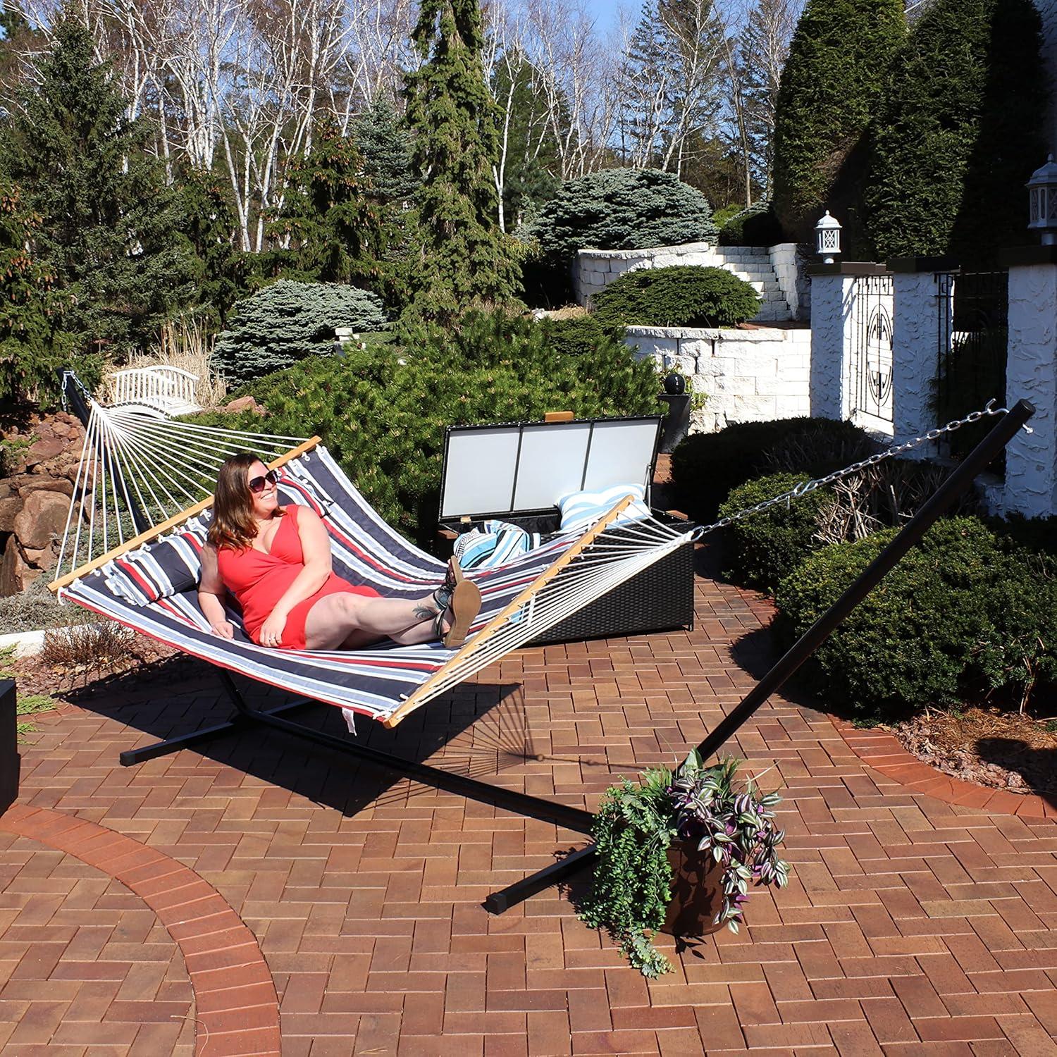 image:imageSunnydaze Quilted Double Hammock with Stand for Outside 350Pound Capacity 2Person Hammock with Stand 12Foot Stand Catalina BeachNautical Stripe