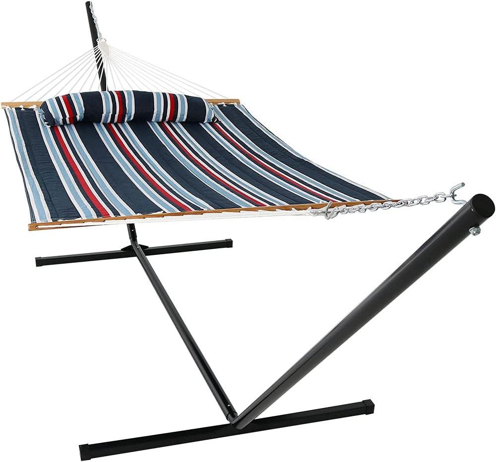 image:imageSunnydaze Quilted Double Hammock with Stand for Outside 350Pound Capacity 2Person Hammock with Stand 12Foot Stand Catalina BeachNautical Stripe