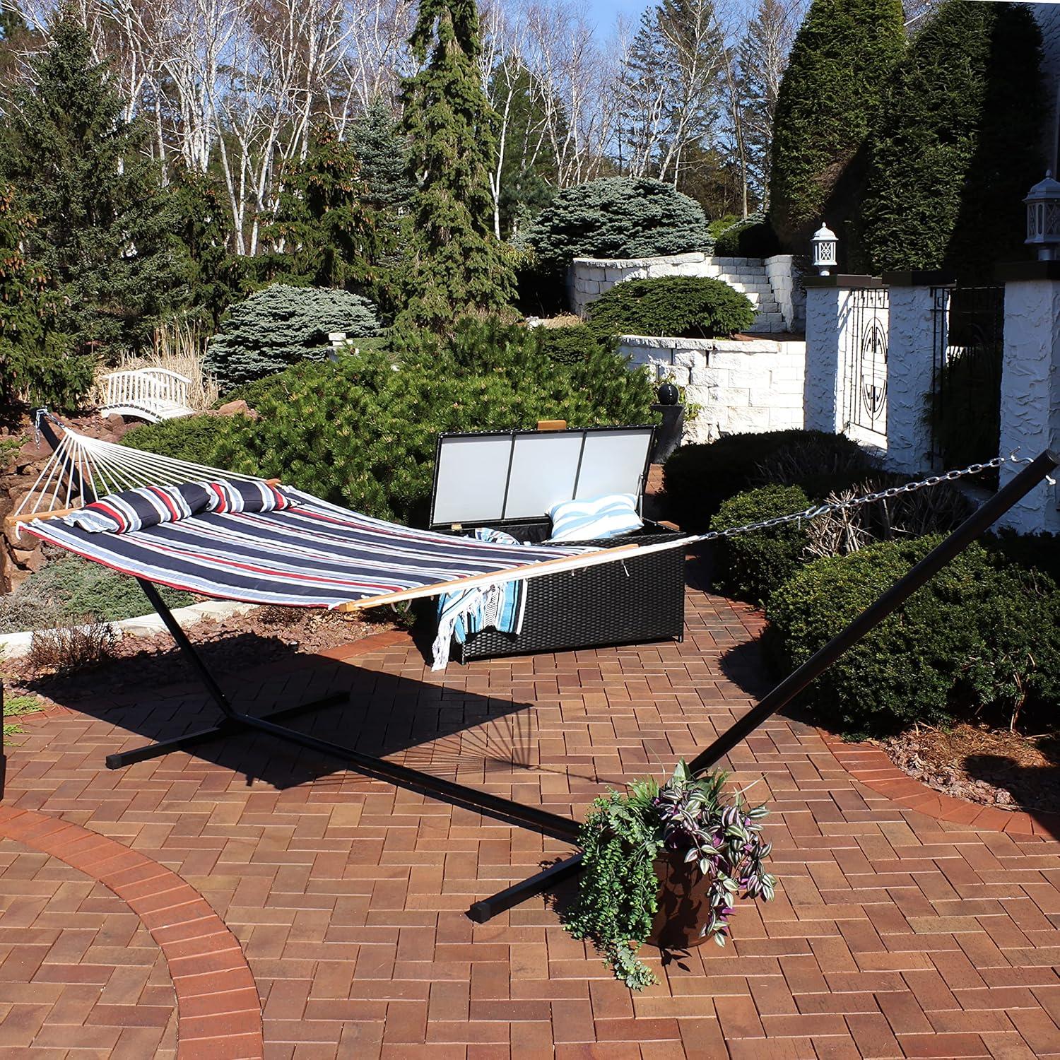 image:imageSunnydaze Quilted Double Hammock with Stand for Outside 350Pound Capacity 2Person Hammock with Stand 12Foot Stand Catalina BeachNautical Stripe