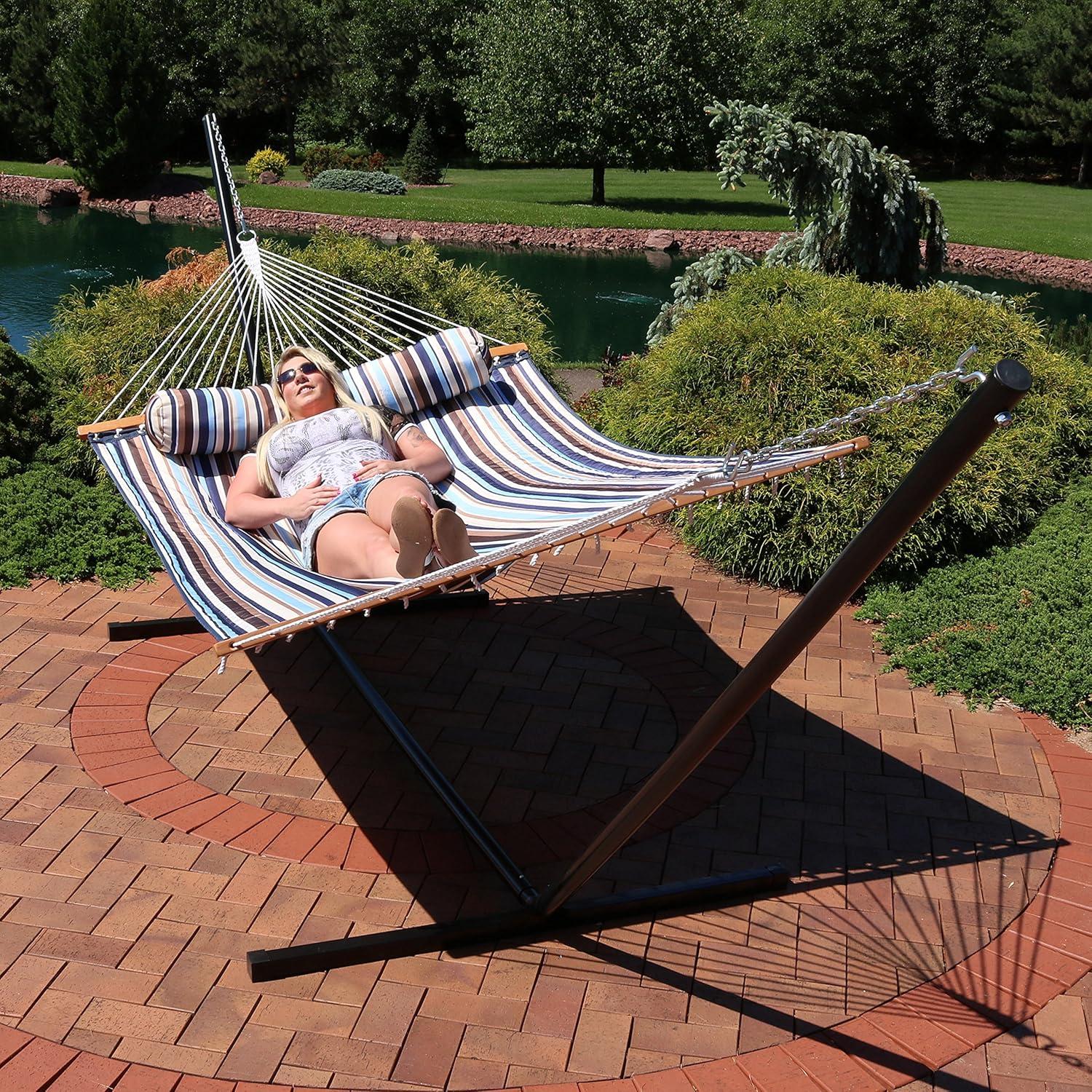 image:imageSunnydaze Quilted Double Hammock with Stand for Outside 350Pound Capacity 2Person Hammock with Stand 12Foot Stand Catalina BeachOcean Isle