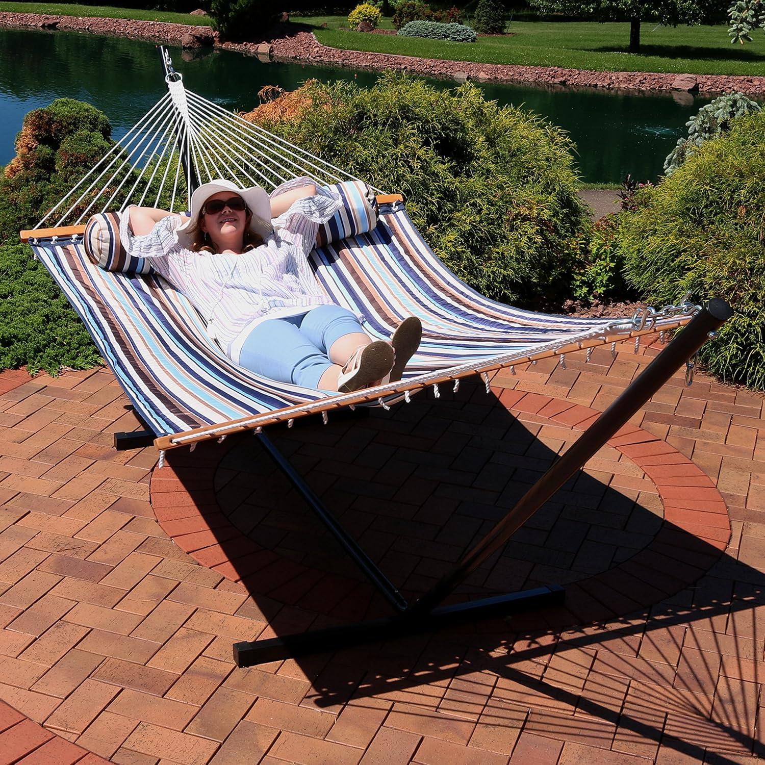 image:imageSunnydaze Quilted Double Hammock with Stand for Outside 350Pound Capacity 2Person Hammock with Stand 12Foot Stand Catalina BeachOcean Isle