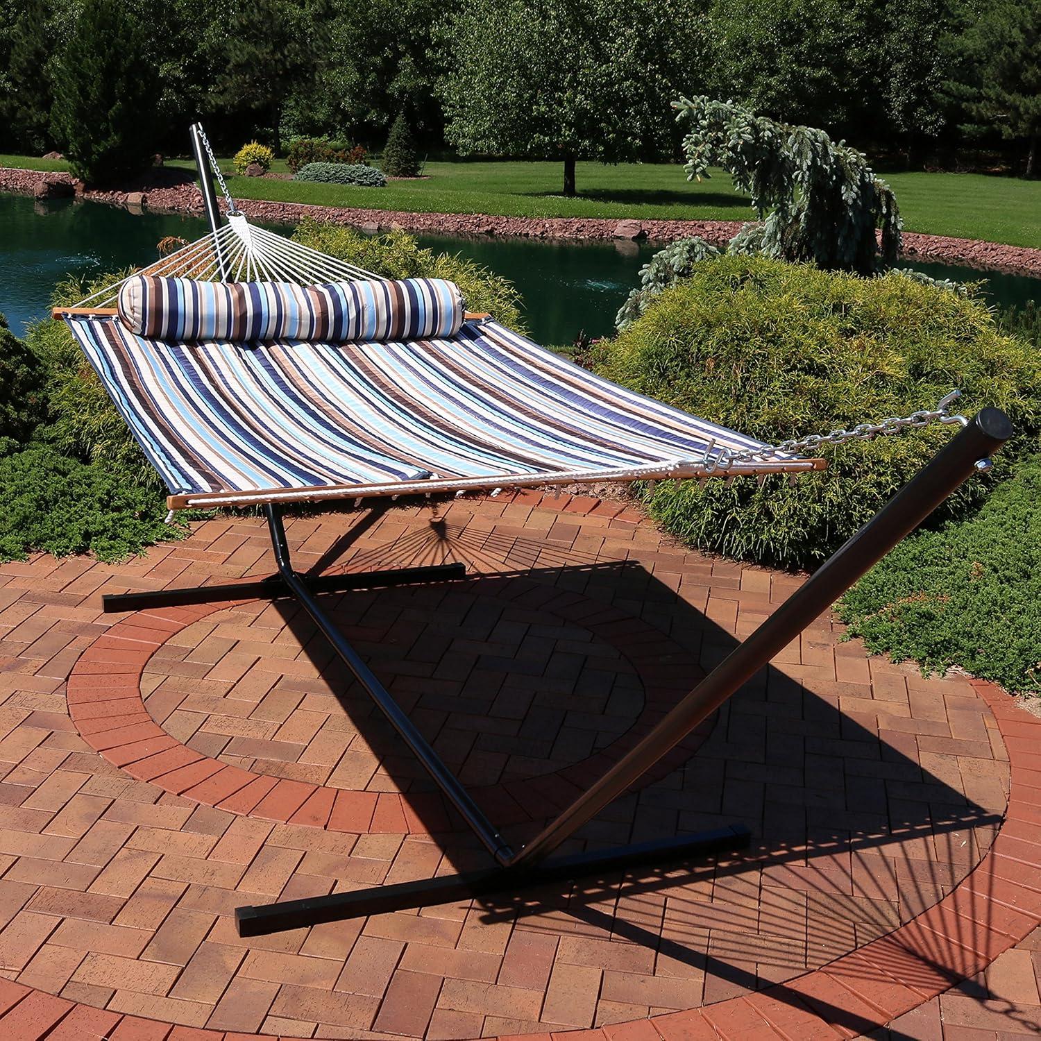 image:imageSunnydaze Quilted Double Hammock with Stand for Outside 350Pound Capacity 2Person Hammock with Stand 12Foot Stand Catalina BeachOcean Isle