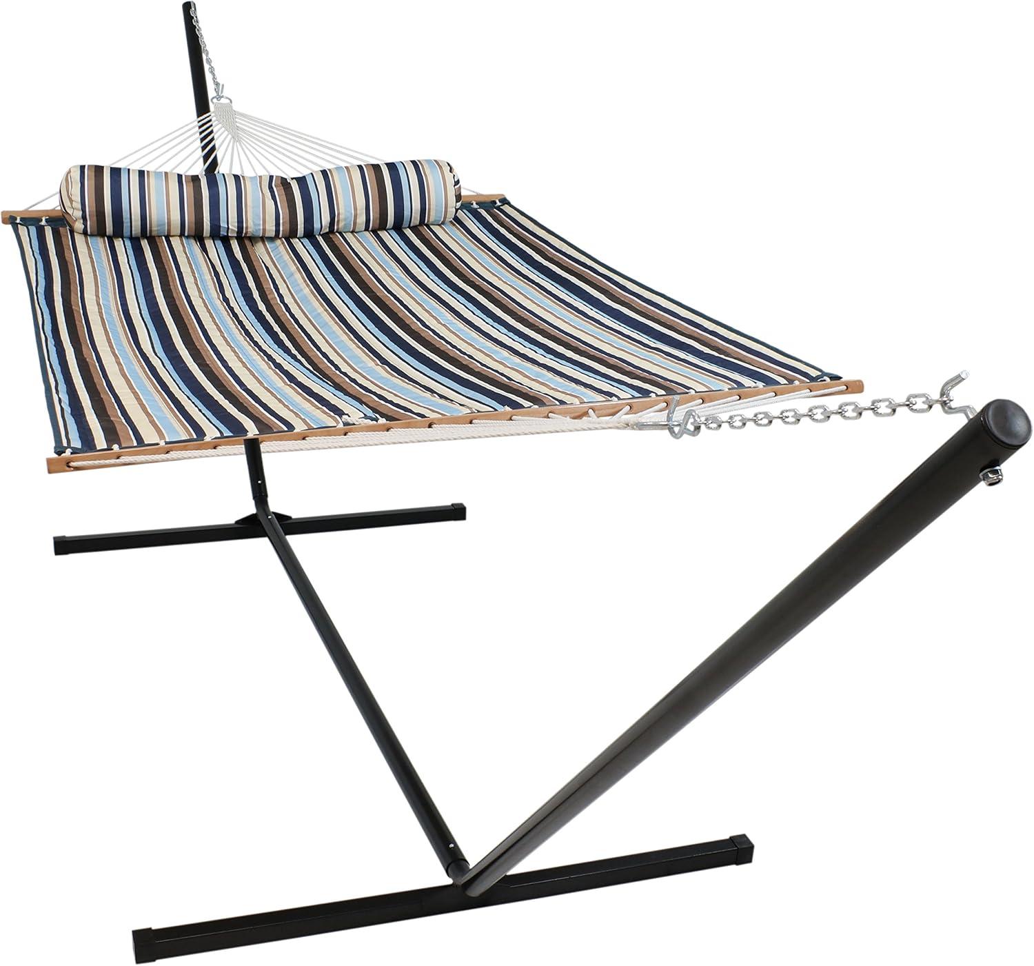 image:imageSunnydaze Quilted Double Hammock with Stand for Outside 350Pound Capacity 2Person Hammock with Stand 12Foot Stand Catalina BeachOcean Isle