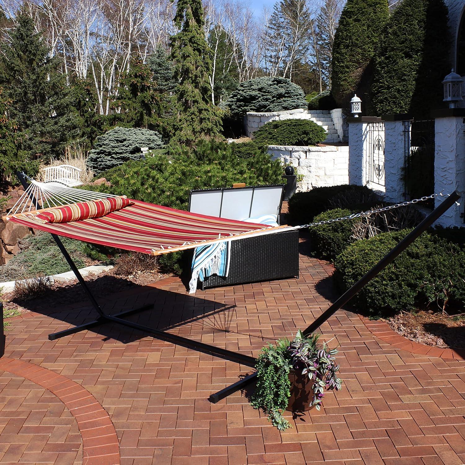 image:imageSunnydaze Quilted Double Hammock with Stand for Outside 350Pound Capacity 2Person Hammock with Stand 12Foot Stand Catalina BeachRed Stripe