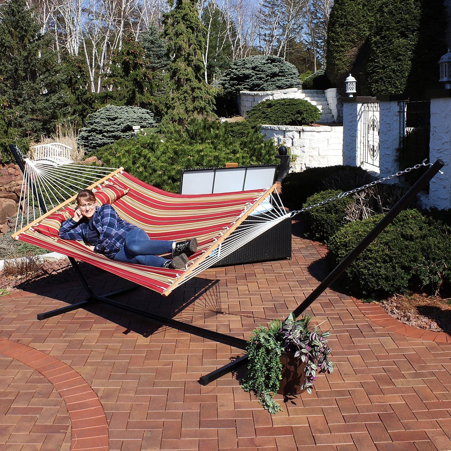 image:imageSunnydaze Quilted Double Hammock with Stand for Outside 350Pound Capacity 2Person Hammock with Stand 12Foot Stand Catalina BeachRed Stripe