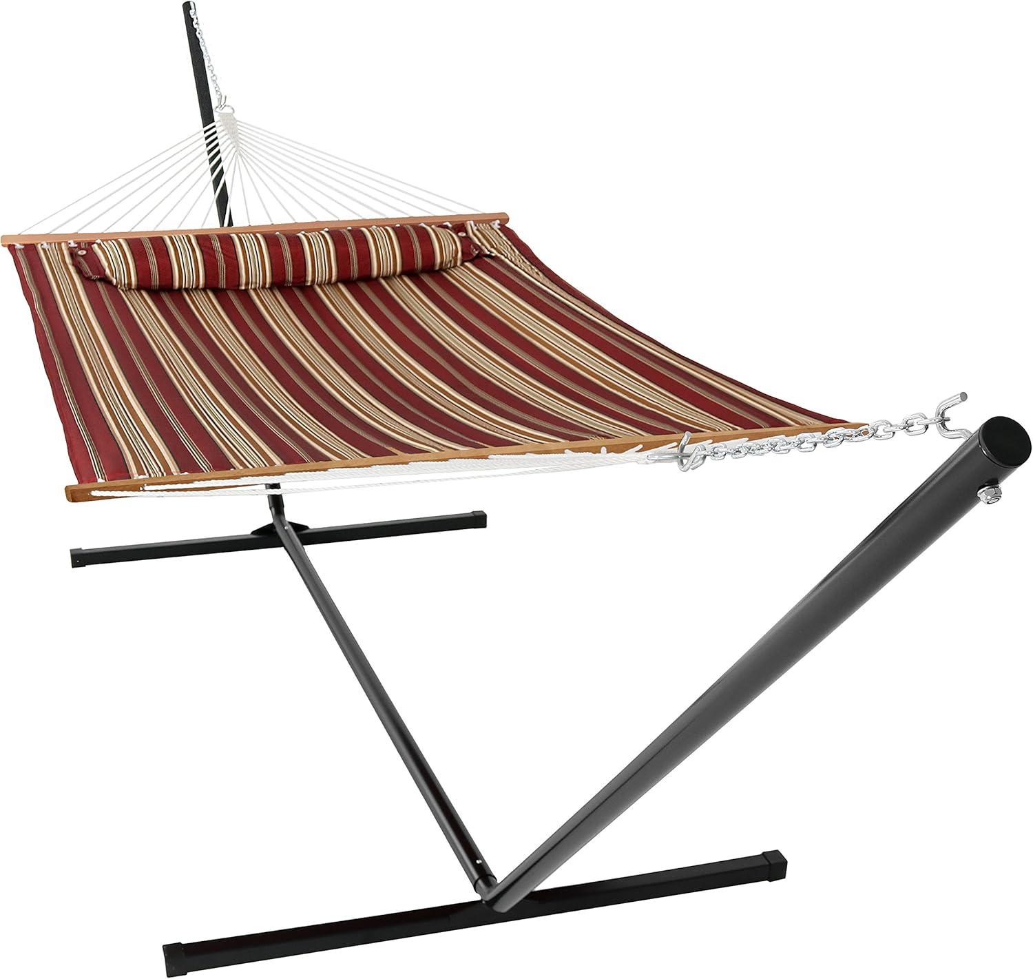 image:imageSunnydaze Quilted Double Hammock with Stand for Outside 350Pound Capacity 2Person Hammock with Stand 12Foot Stand Catalina BeachRed Stripe