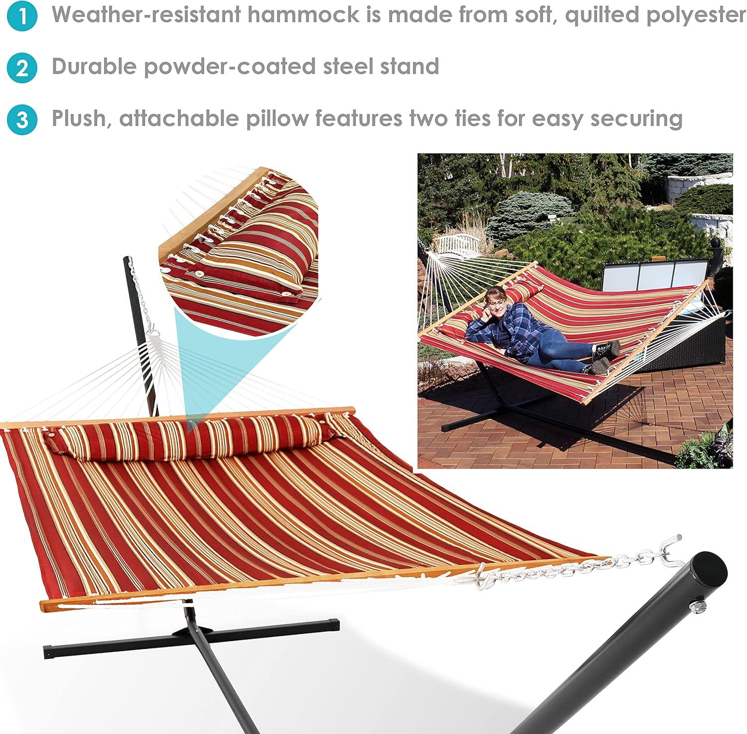 image:imageSunnydaze Quilted Double Hammock with Stand for Outside 350Pound Capacity 2Person Hammock with Stand 12Foot Stand Catalina BeachRed Stripe