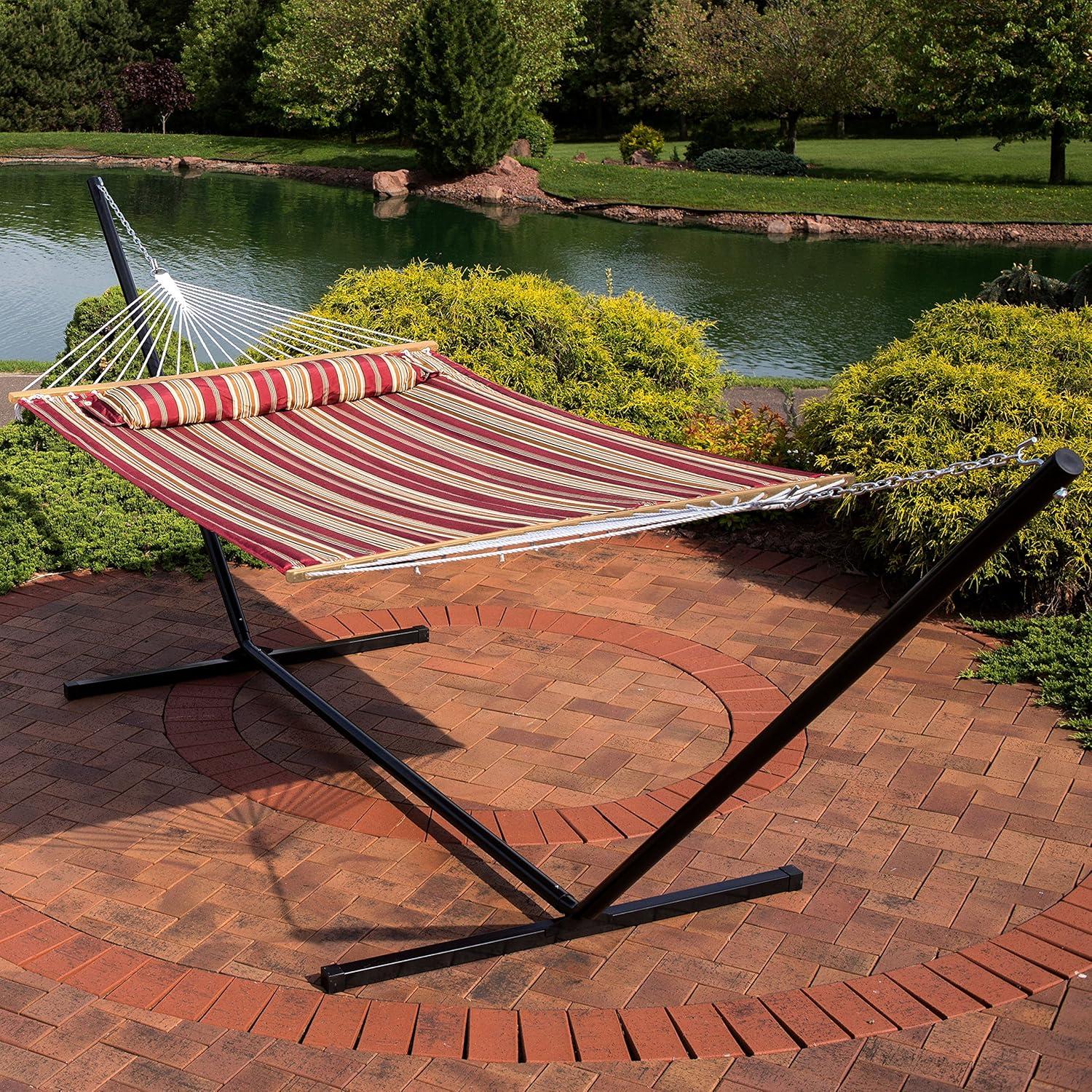 image:imageSunnydaze Quilted Double Hammock with Stand for Outside 350Pound Capacity 2Person Hammock with Stand 12Foot Stand Catalina BeachRed Stripe