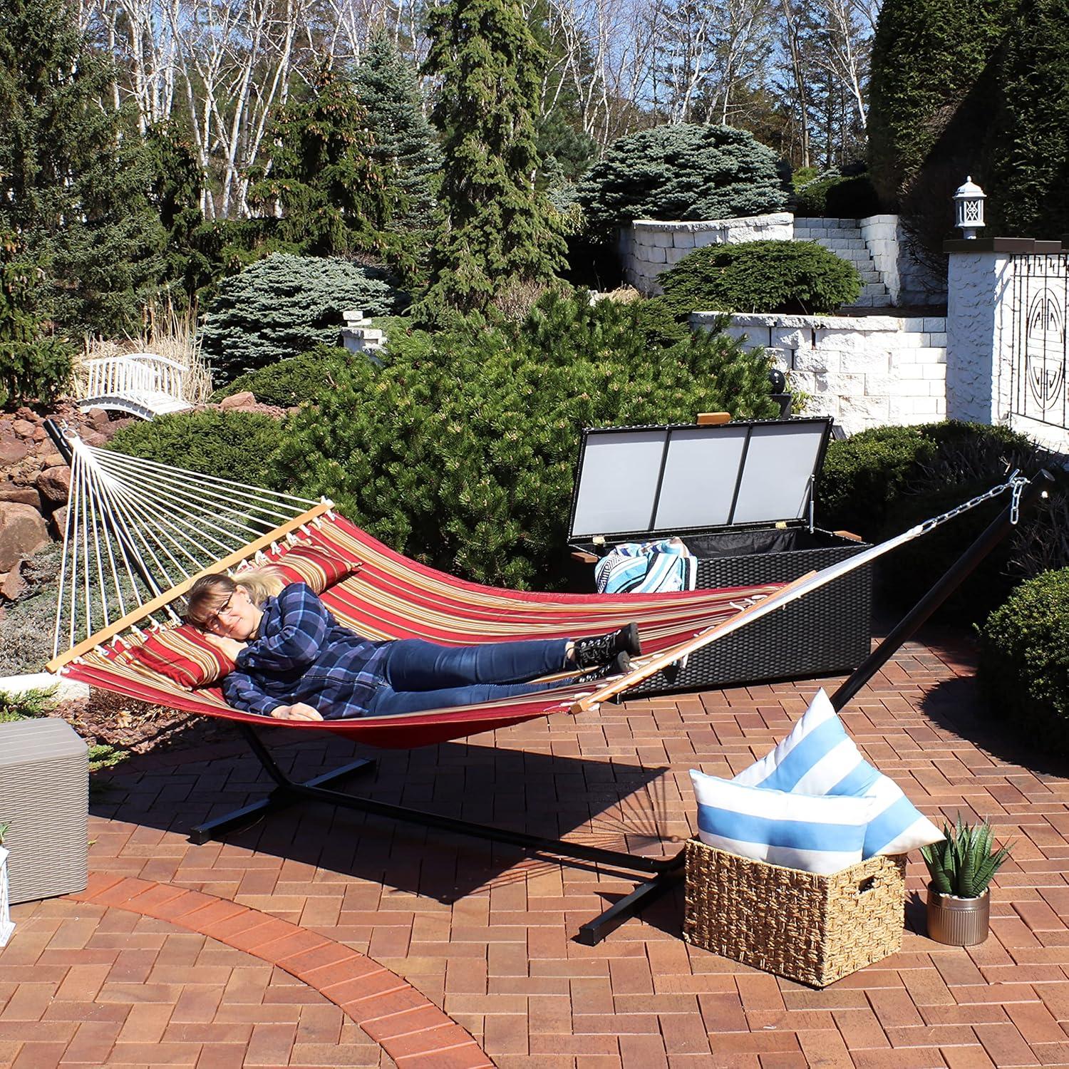 image:imageSunnydaze Quilted Double Hammock with Stand for Outside 350Pound Capacity 2Person Hammock with Stand 12Foot Stand Catalina BeachRed Stripe