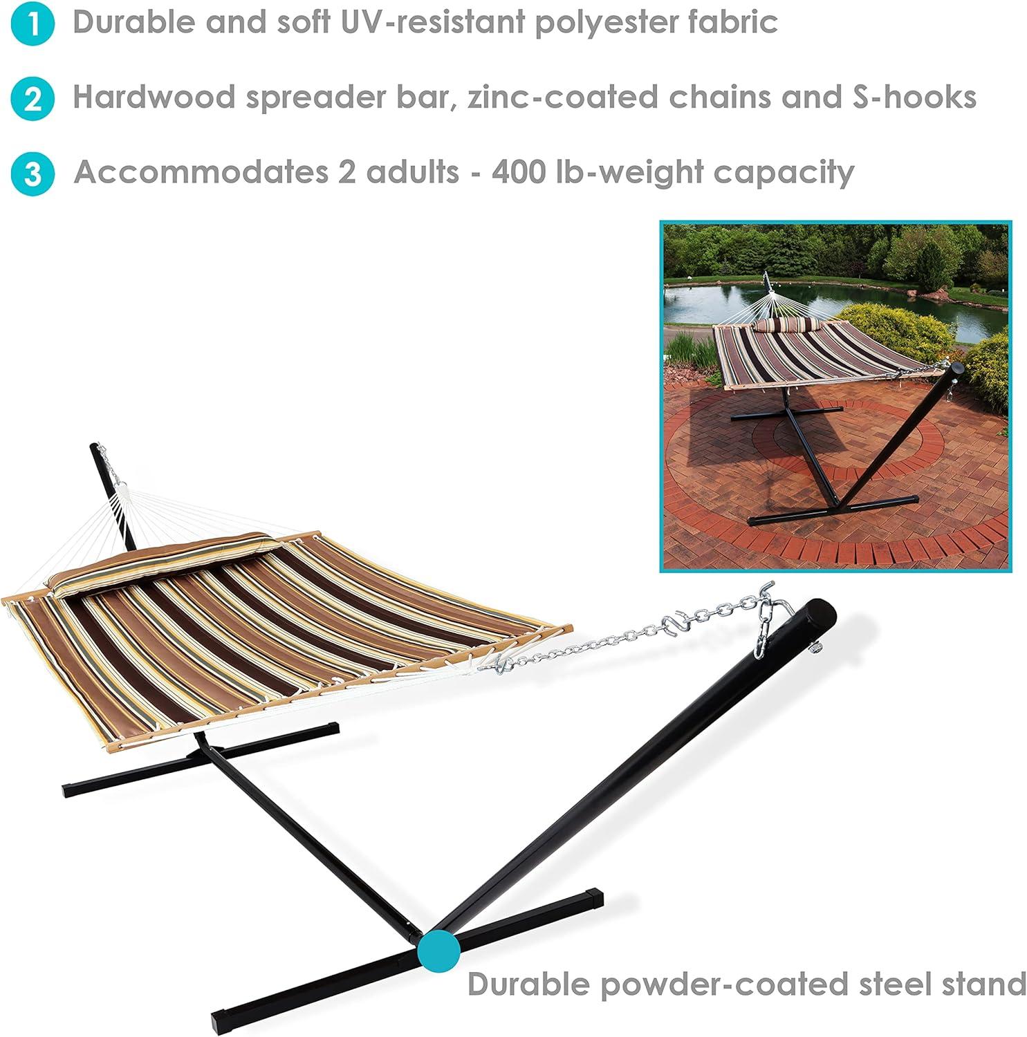 image:imageSunnydaze Quilted Double Hammock with Stand for Outside 350Pound Capacity 2Person Hammock with Stand 12Foot Stand Catalina BeachSandy Beach