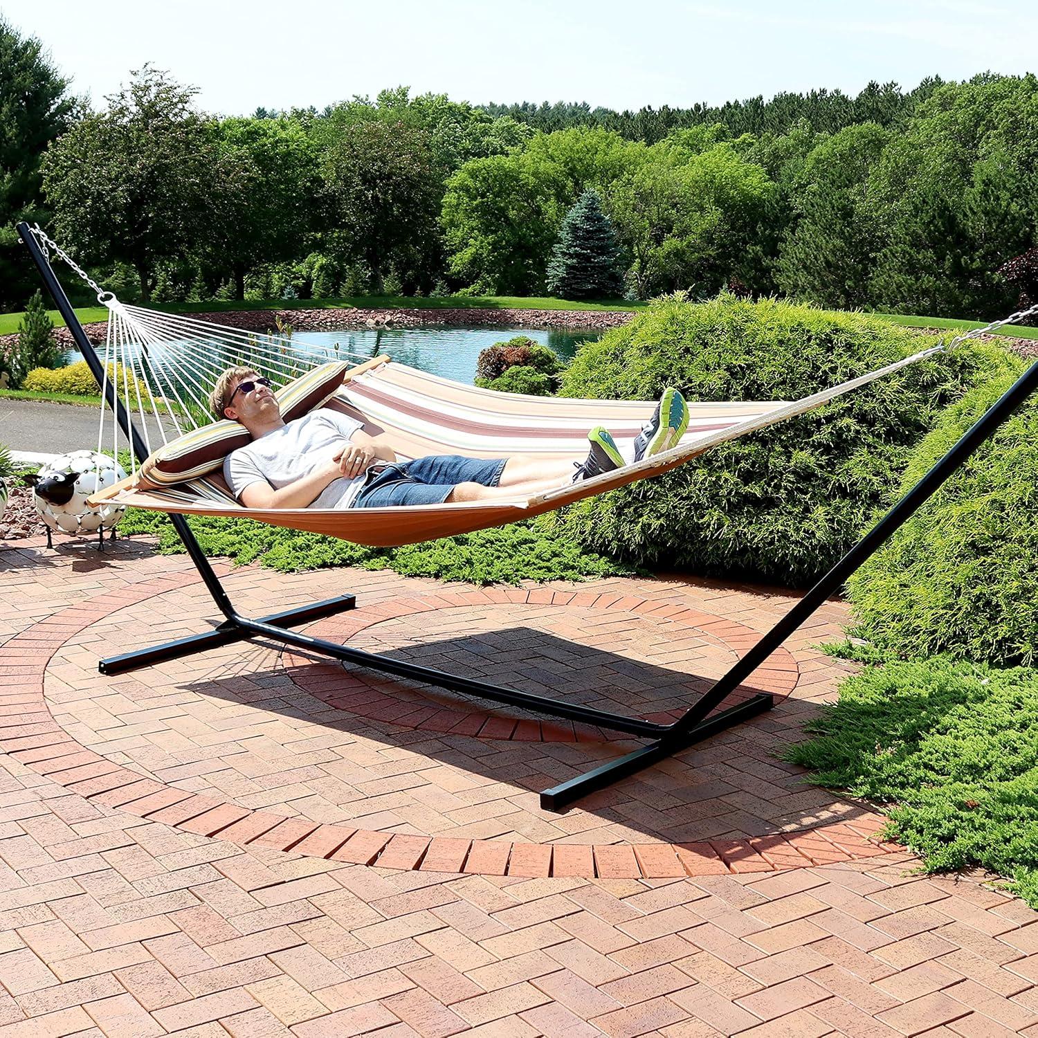 image:imageSunnydaze Quilted Double Hammock with Stand for Outside 350Pound Capacity 2Person Hammock with Stand 12Foot Stand Catalina BeachSandy Beach