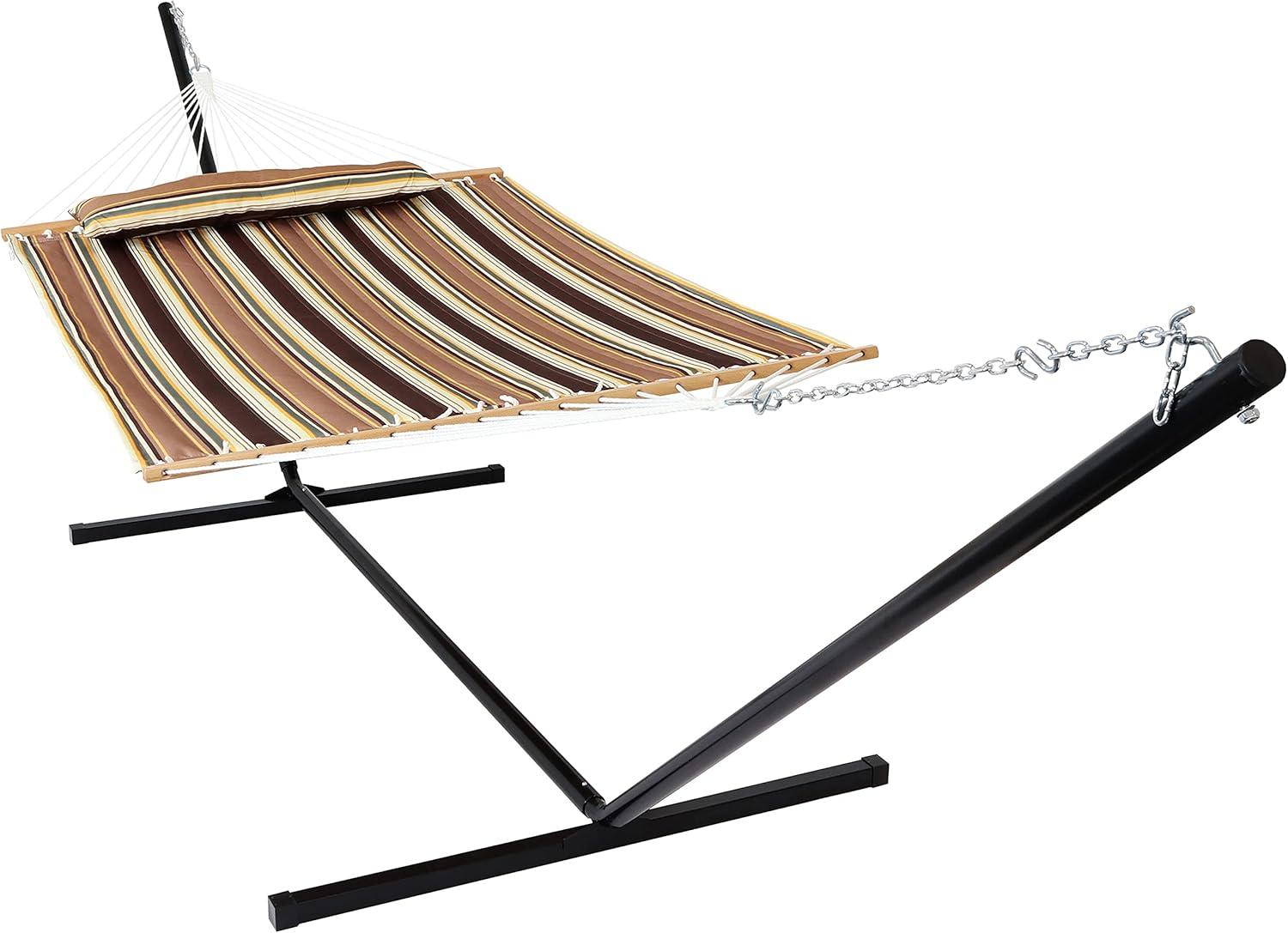 image:imageSunnydaze Quilted Double Hammock with Stand for Outside 350Pound Capacity 2Person Hammock with Stand 12Foot Stand Catalina BeachSandy Beach