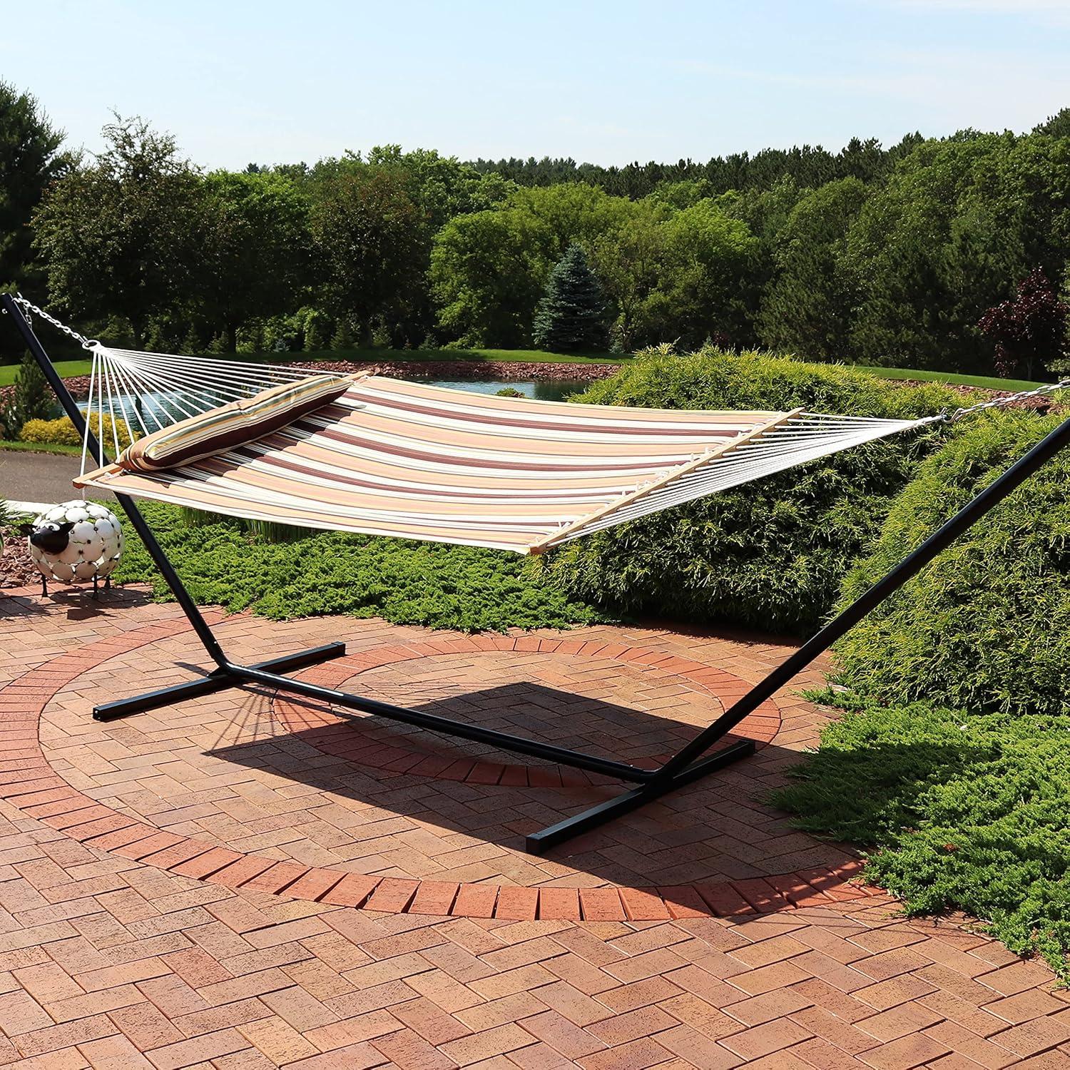 image:imageSunnydaze Quilted Double Hammock with Stand for Outside 350Pound Capacity 2Person Hammock with Stand 12Foot Stand Catalina BeachSandy Beach