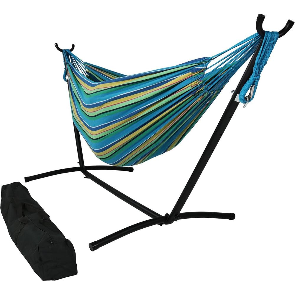 image:imageSunnydaze Double Brazilian Hammock with Stand and Carrying Case 400Pound Capacity Black Stand Calming DesertSea Grass