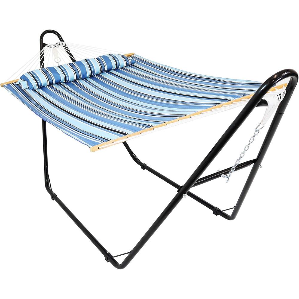 image:imageSunnydaze Double Quilted Fabric Hammock with Universal Steel Stand 450Pound Capacity Black Stand Misty BeachMisty Beach