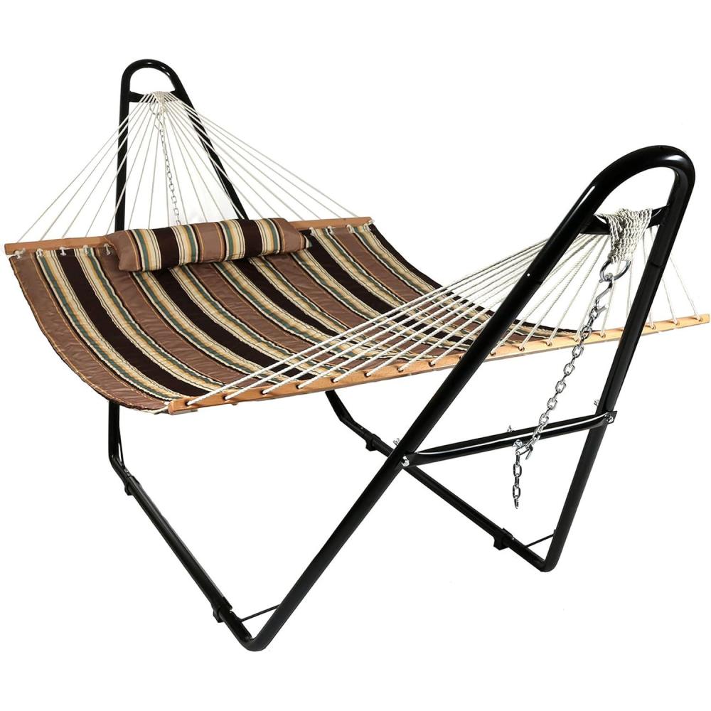 image:imageSunnydaze Double Quilted Fabric Hammock with Universal Steel Stand 450Pound Capacity Black Stand Misty BeachSandy Beach