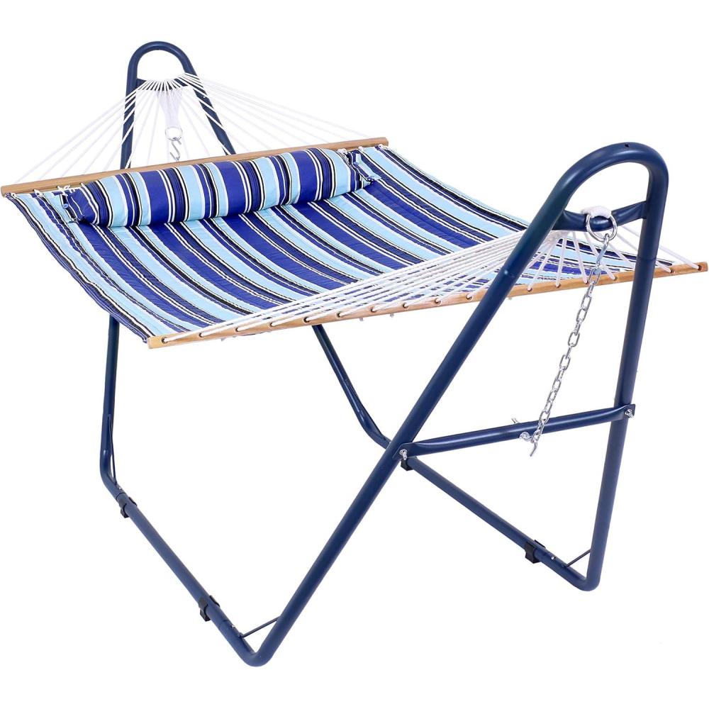 image:imageSunnydaze Double Quilted Fabric Hammock with Universal Steel Stand 450Pound Capacity Blue Stand Catalina Beach